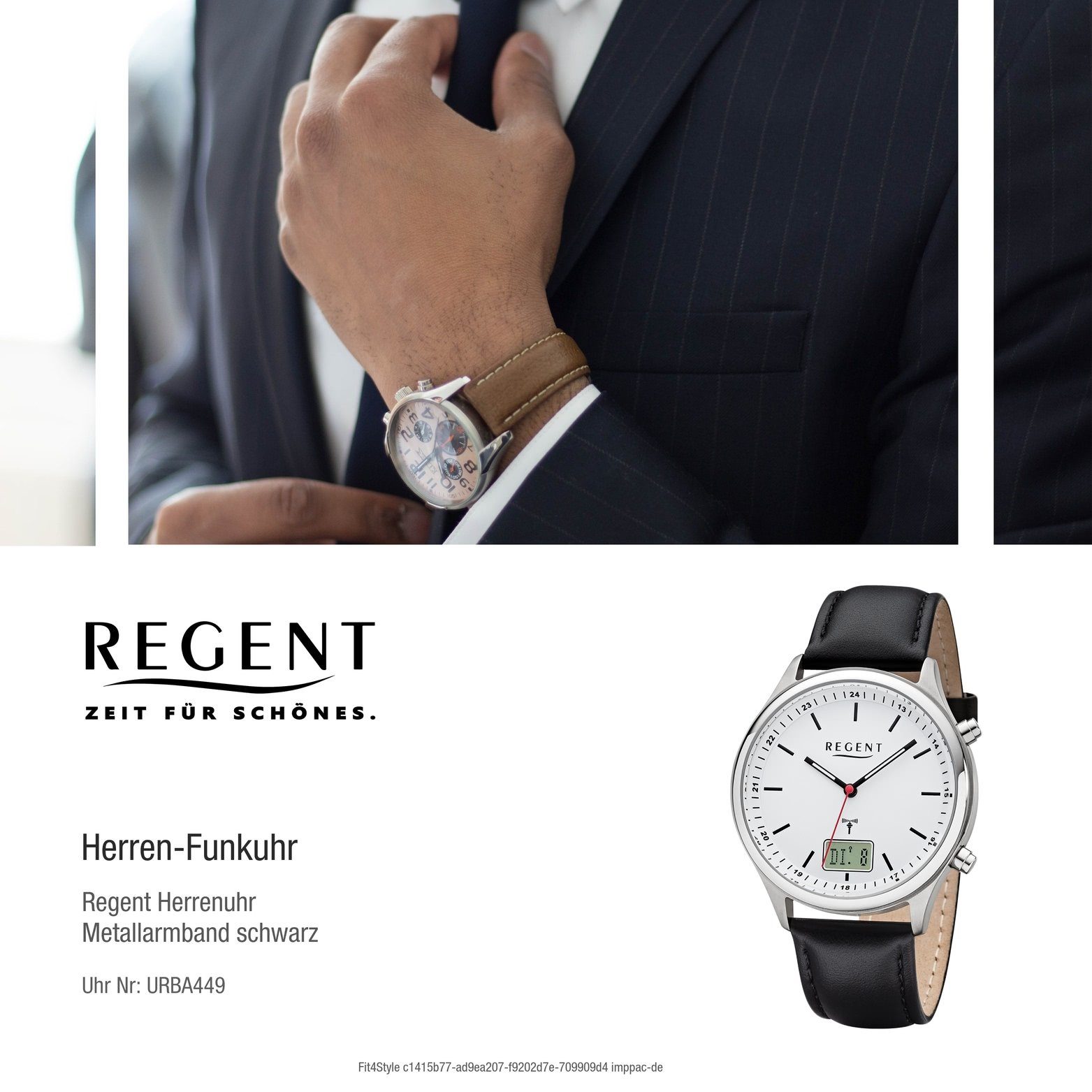 Regent BA-449, 40mm) (ca. Herrenuhr Herren Uhr schwarz, Lederarmband Analog-Digital Gehäuse, Funkuhr groß Regent rundes