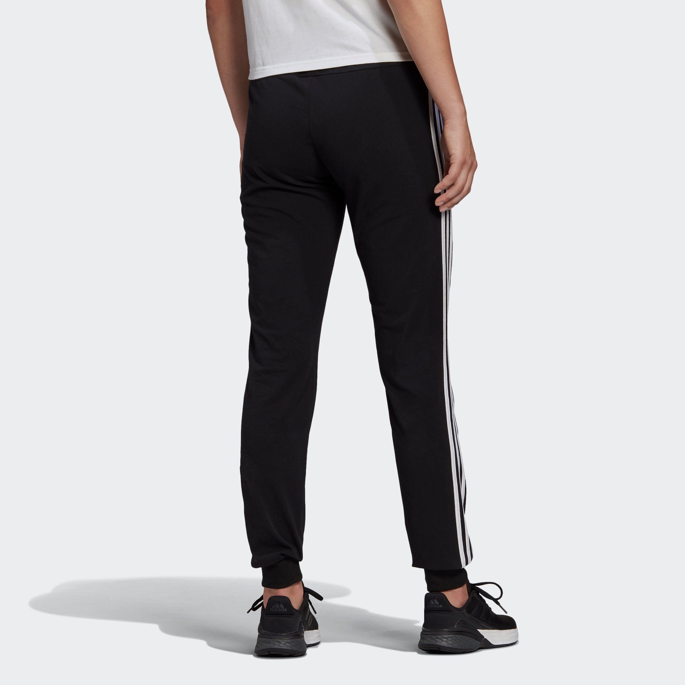 SINGLE ESSENTIALS adidas HOSE Black Sporthose JERSEY Sportswear / 3STREIFEN White (1-tlg)