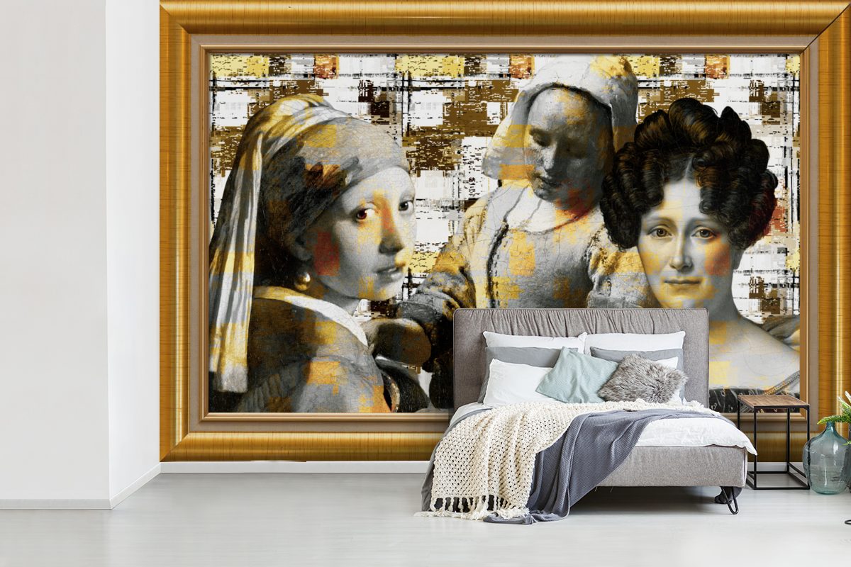 MuchoWow Fototapete Kunst - Alte Tapete Schlafzimmer, Wallpaper Wohnzimmer, - Meister Matt, bedruckt, für - (6 Kinderzimmer, St), Vinyl Gold, Rahmen
