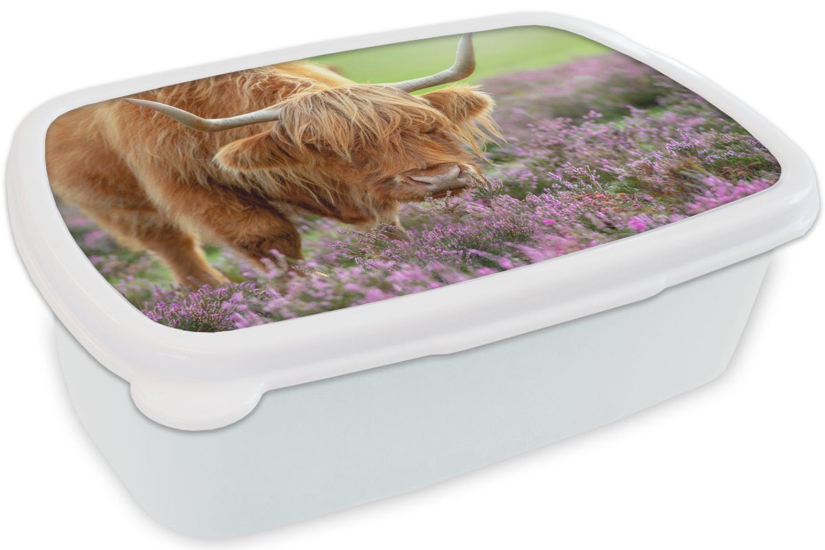 MuchoWow Lunchbox Mädchen Brotdose, (2-tlg), und für für Kinder und Brotbox Lila Erwachsene, Jungs Kunststoff, - weiß Blumen, Schottischer Highlander 