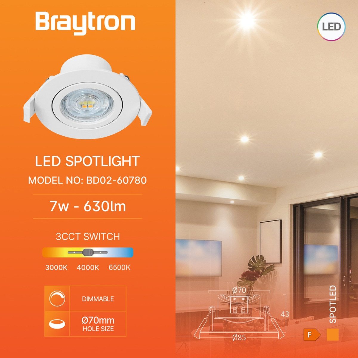 Braytron LED Einbaustrahler Rund 7W Dimmbar schwenkbar 3in1 Farbwahl Spot Einbauleuchte, LED fest integriert, Neutralweiß, Kaltweiß, Warmweiß, Energieeffizient, Flimmerfrei, Schwenkbar, Dimmbar, Farbwechsel