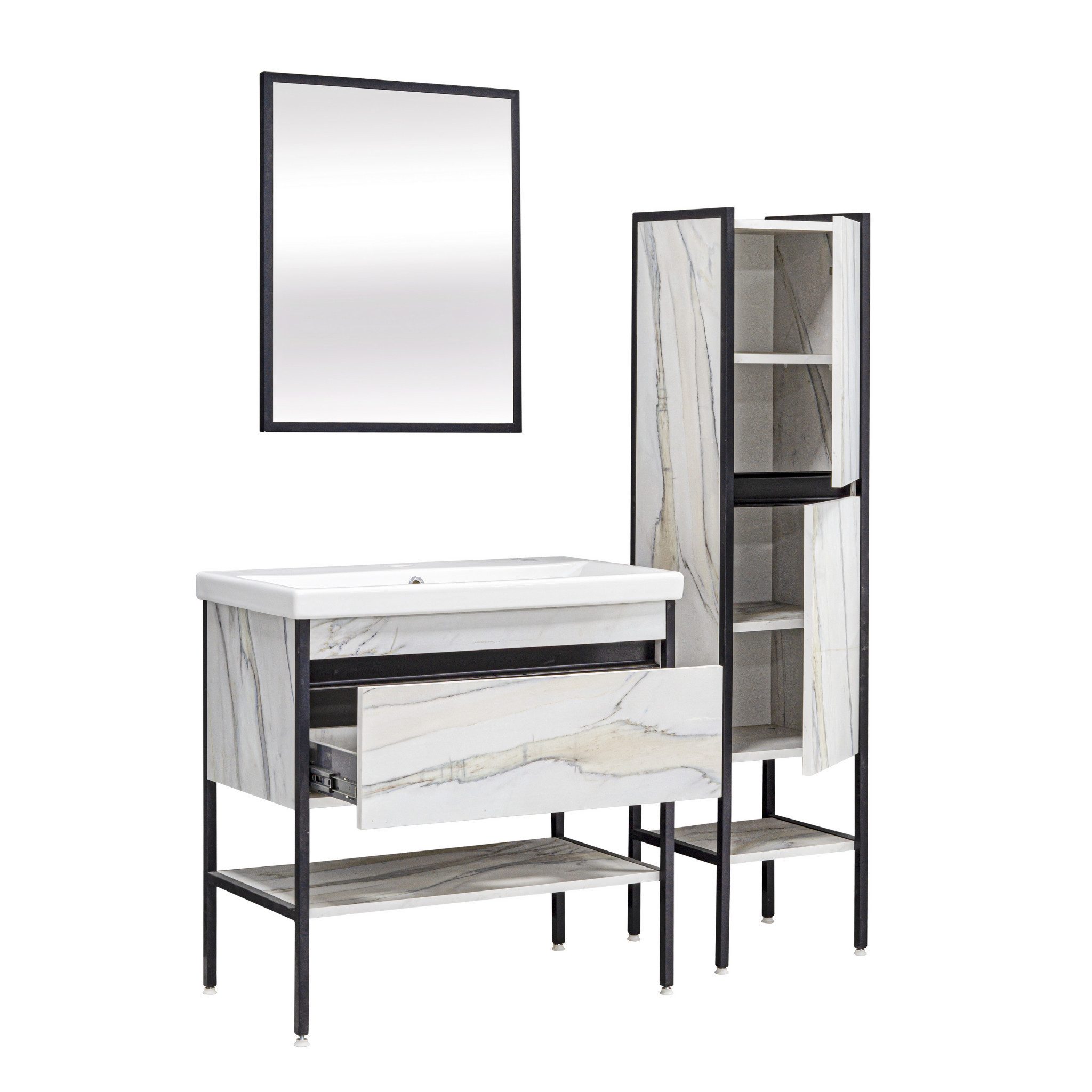 Karen Badmöbel-Set Badmöbel Set Hazar, (Komplett-Set, Standartmäßig 5-Teilig (Unterschrank, Spiegel, Waschbecken, Hängeschrank und Hochschrank), Unterschrank mit Schublade und Regal, Hochschrank mit Türen & Regalen), Marmor Design, MDF Lam-Beschichtung, Softclose