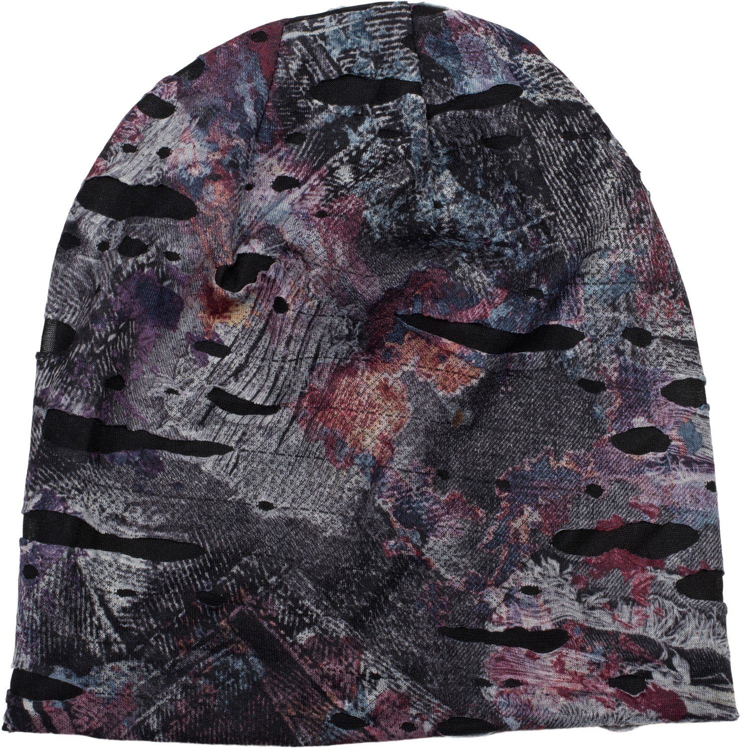 styleBREAKER Beanie (1-St) Beanie mit Farbklecksen in Destroyed Optik Anthrazit-Weinrot-Violett