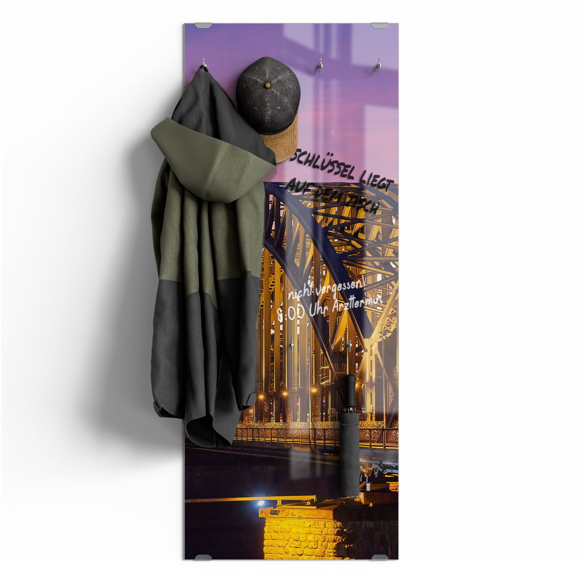 DEQORI Kleiderhaken 'Kölner Wahrzeichen abends', Glas Garderobe hängend Flur Jackenhalter modern Wandgarderobe Haken