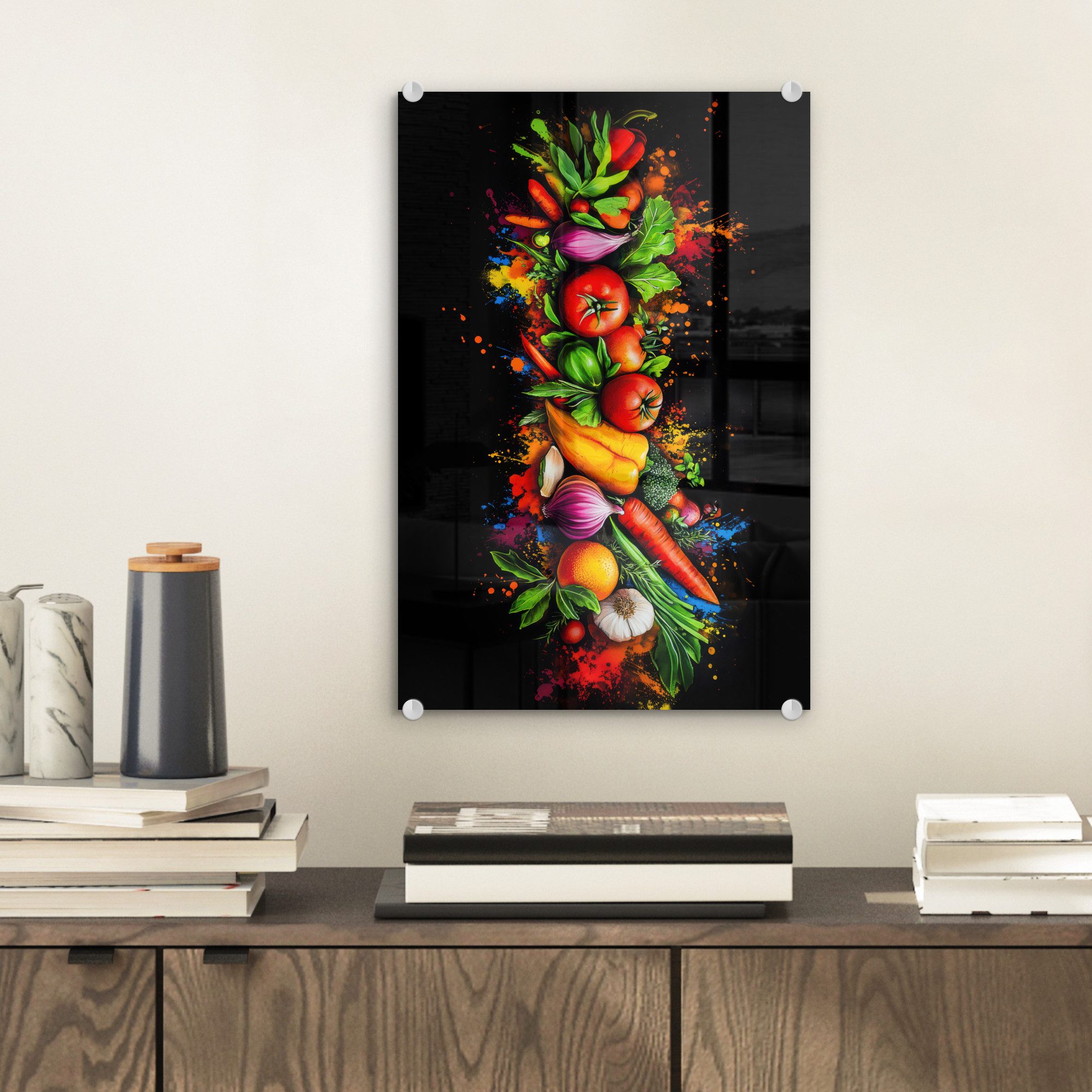 MuchoWow Acrylglasbild Gemüse - Lebensmittel - Kräuter - Graffiti - Kochen, Inkl. Aufhängung, Dekorative Bild für Küche & Wohnzimmer auf Glas, 20x30 cm – Bild 2 von 5
