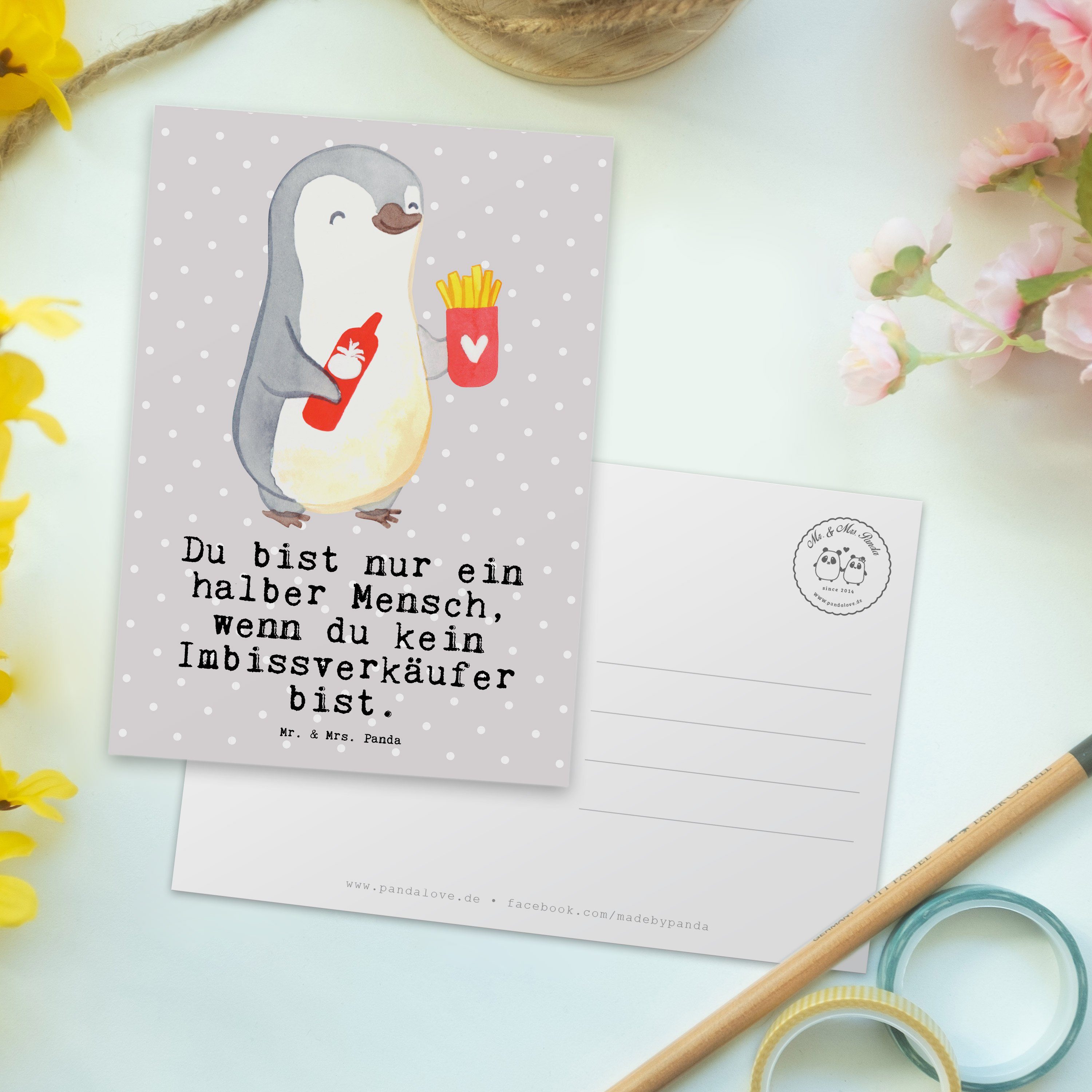Mr. & Mrs. Panda Postkarte Imbissverkäufer mit Herz - Grau Pastell - Geschenk, Pommesliebe, Fast