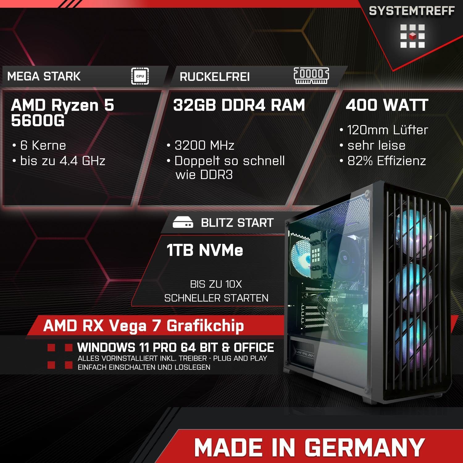 RX Vega Ryzen GB 11, 7, RAM, Windows Gaming-PC 32 1000 5 Luftkühlung, SYSTEMTREFF GB 5600G, WLAN) SSD, (AMD