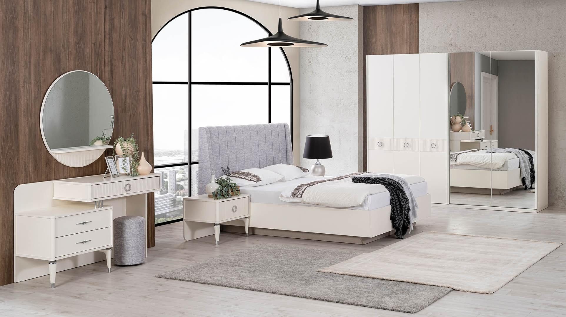Schlafzimmer-Set Garnitur Doppelbett Bettrahmen Stoff Schlafzimmer Weiß Holz Set 7tlg