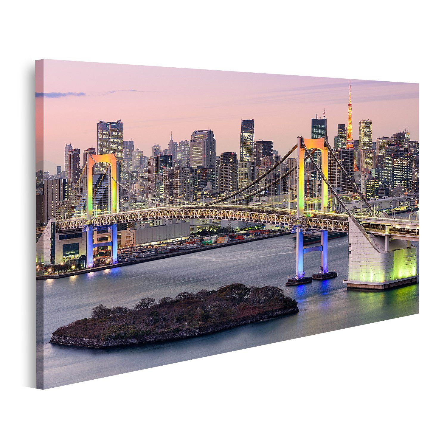 Leinwandbild Bild auf Leinwand Tokyo Japan Skyline mit Regenbogenbrücke und Tokyo T