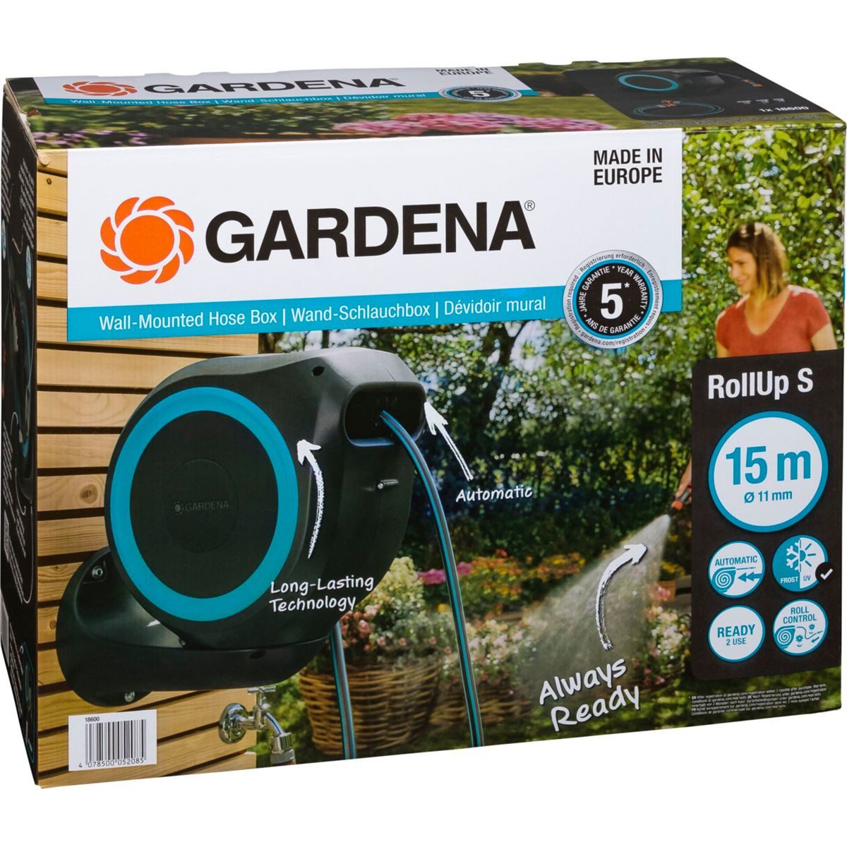 GARDENA Gartenschlauch Wand-Schlauchbox RollUp S (türkis) 15 m