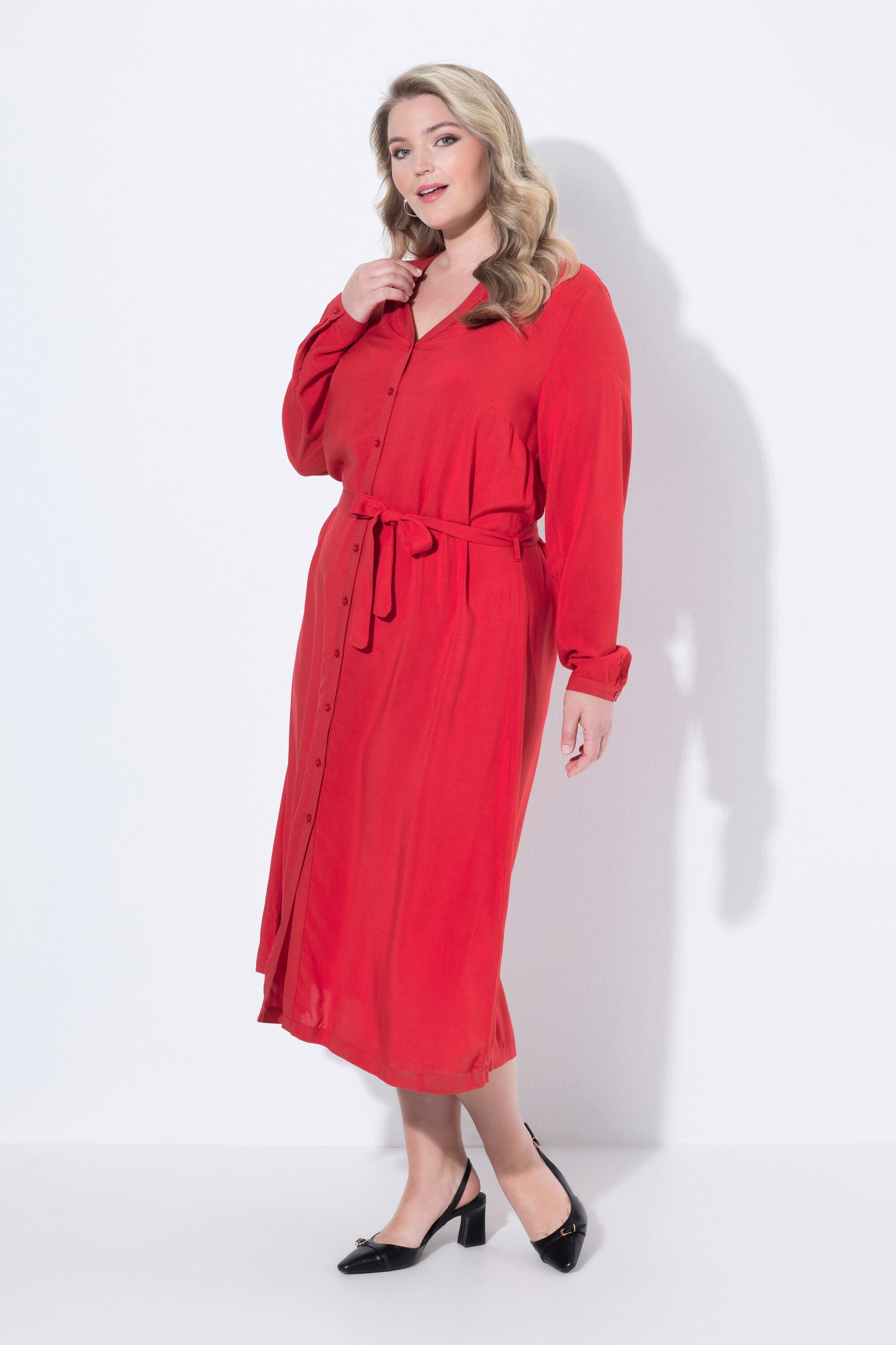 MIAMODA Jerseykleid Midikleid A-Linie Bindegürtel Knopfleiste Langarm