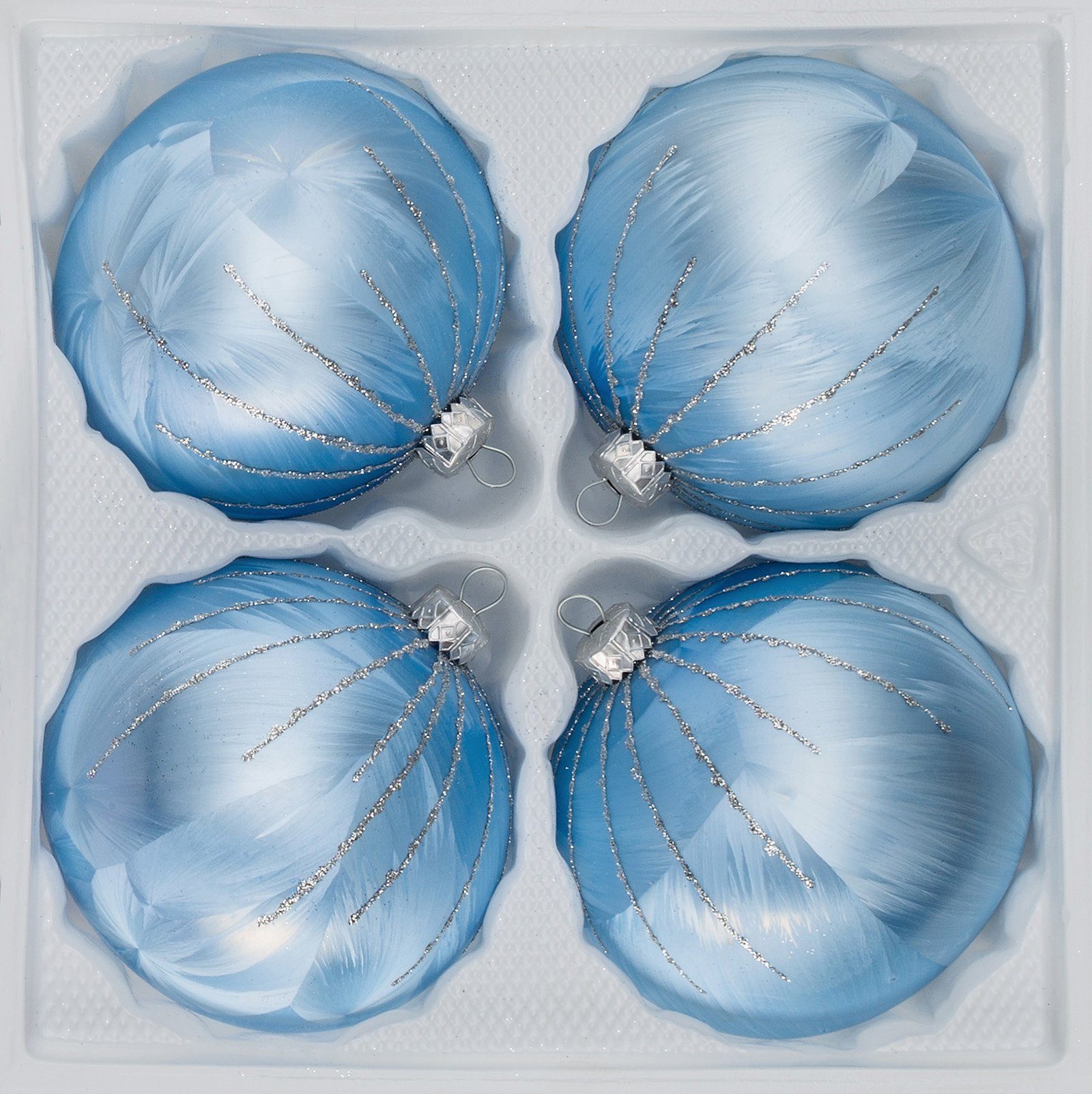 Navidacio Weihnachtsbaumkugel 4 tlg. Glas-Weihnachtskugeln Set 10cm Ø in "Ice Blau Silber" Regen