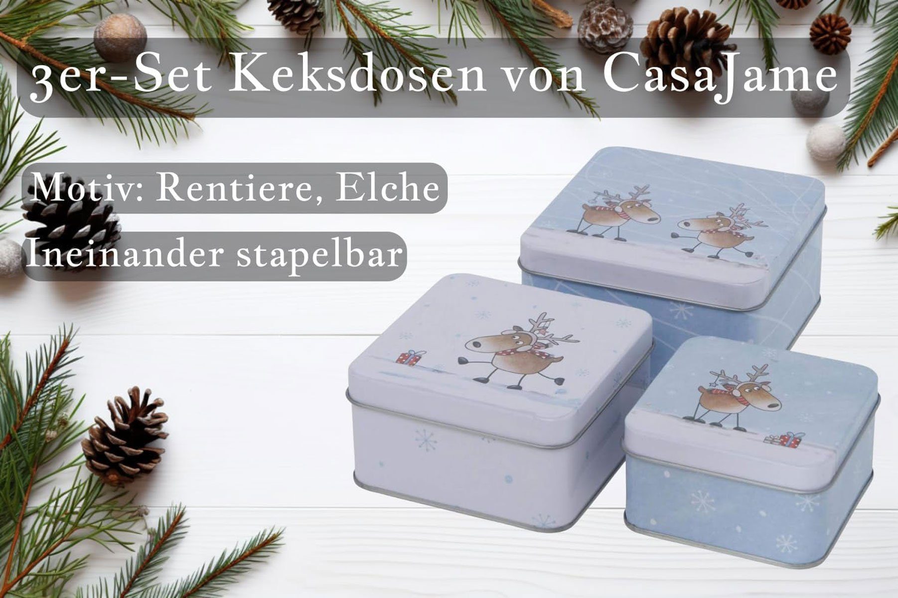 BOLTZE GRUPPE Keksdose CasaJame 3er Set Metall Keksdose Plätzchendose eckig Rentier V16 – Bild 2 von 5