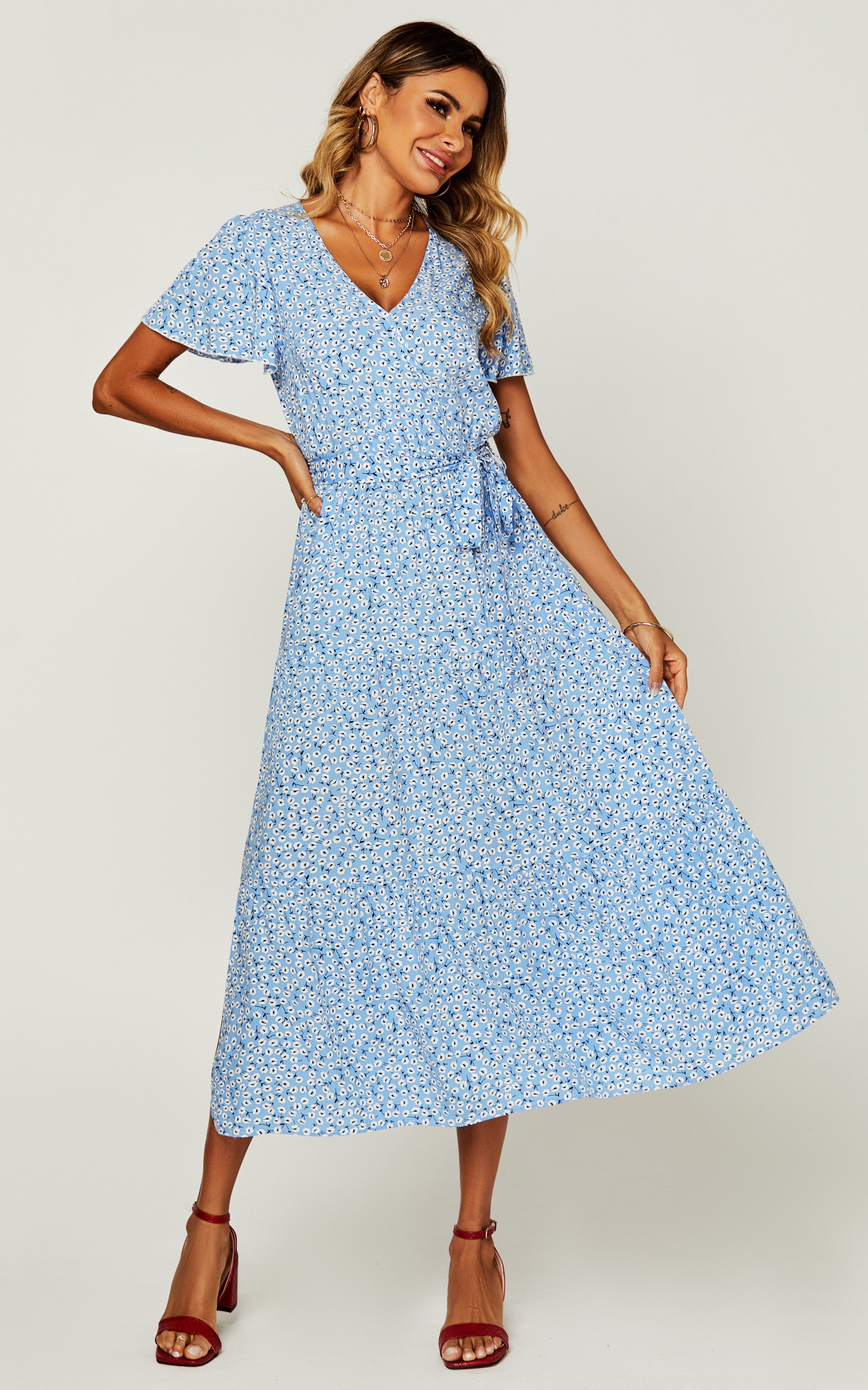 Midikleid Damen Bedrucktes Midikleid mit Wickelausschnitt und Schlitz