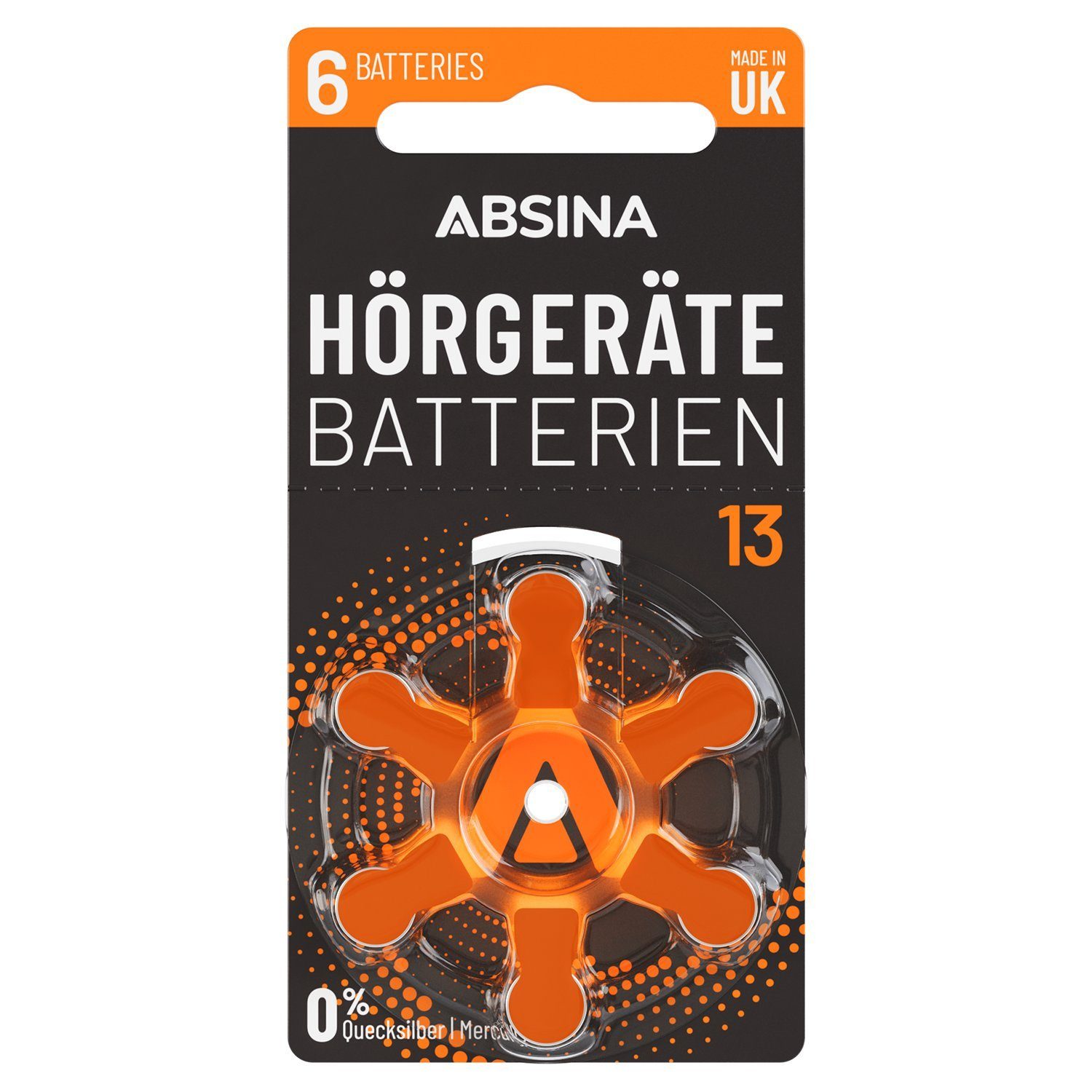 ABSINA 6x Hörgerätebatterien 13 - Knopfzelle, orange PR48 St) Batterien Hörgeräte P13 (1 ZL2 13