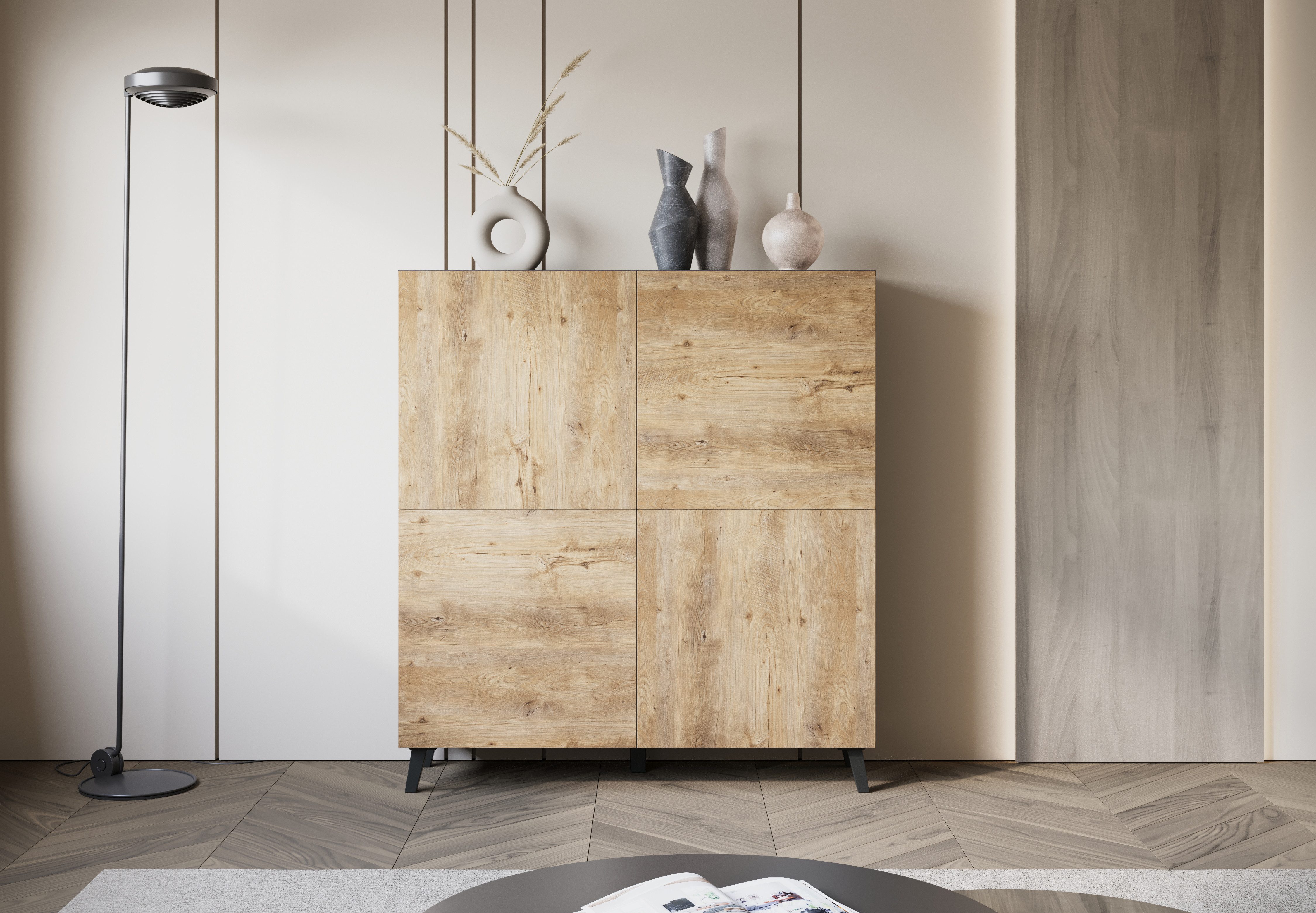 Home affaire Highboard HIGHBOARD PHUKET II, Stilvolle, grifflose Hochkommode, Breite 120cm, Mit 4 Türen und 8 Fächern und höhenverstellbaren Einlegeböden