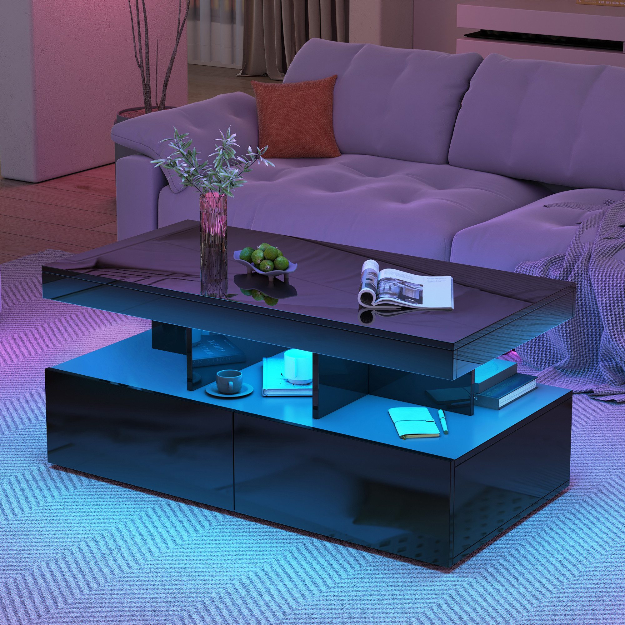 zebery Couchtisch Hochglanz mit LED Beleuchtung (Set, 1-St., Wohnzimmertisch mit 2 Schubladen und Stauraum), Beistelltisch Sofatisch Kaffeetisch, 104x53x46cm, Schwarz