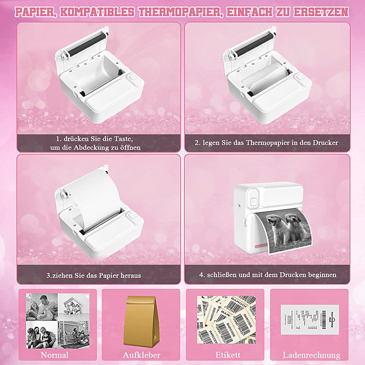 MOPUEA Thermodrucker Kompatibel für iOS Android Etikettendrucker Bluetooth Etikettendrucker, (WLAN (Wi-Fi), Bluetooth-Fotodrucker, 5 Druckpapier 5 selbstklebende Thermopapier 3 Farbdruckpapier 6 Pinsel)