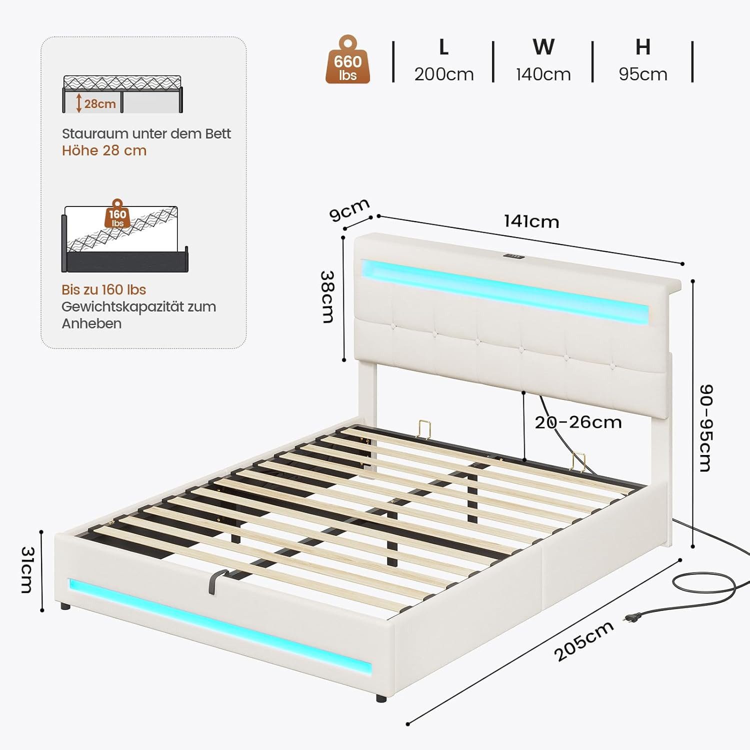 MSMASK Polsterbett Jugendbett mit LED Beleuchtung und Ladestation, Hydraulisches Bett (Ohne Matratze), mit Höhenverstellbares Kopfteil und Stauraum
