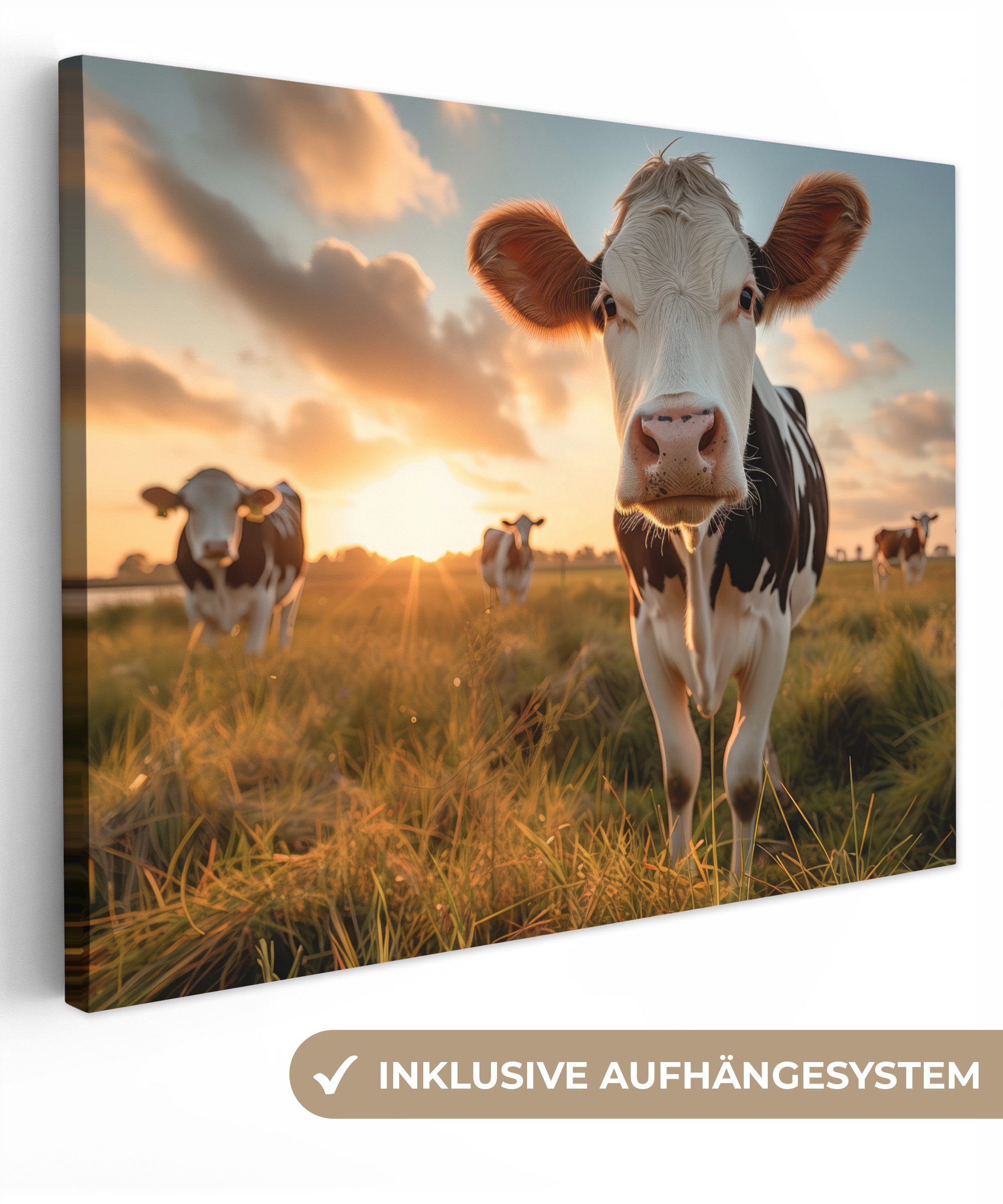 OneMillionCanvasses® Leinwandbild Kuh - Wiese - Tierportrait - Natur - Kühe, Fotodruck (1 St), Wandbild Leinwandbilder, Aufhängefertig, Wanddeko 40x30 cm
