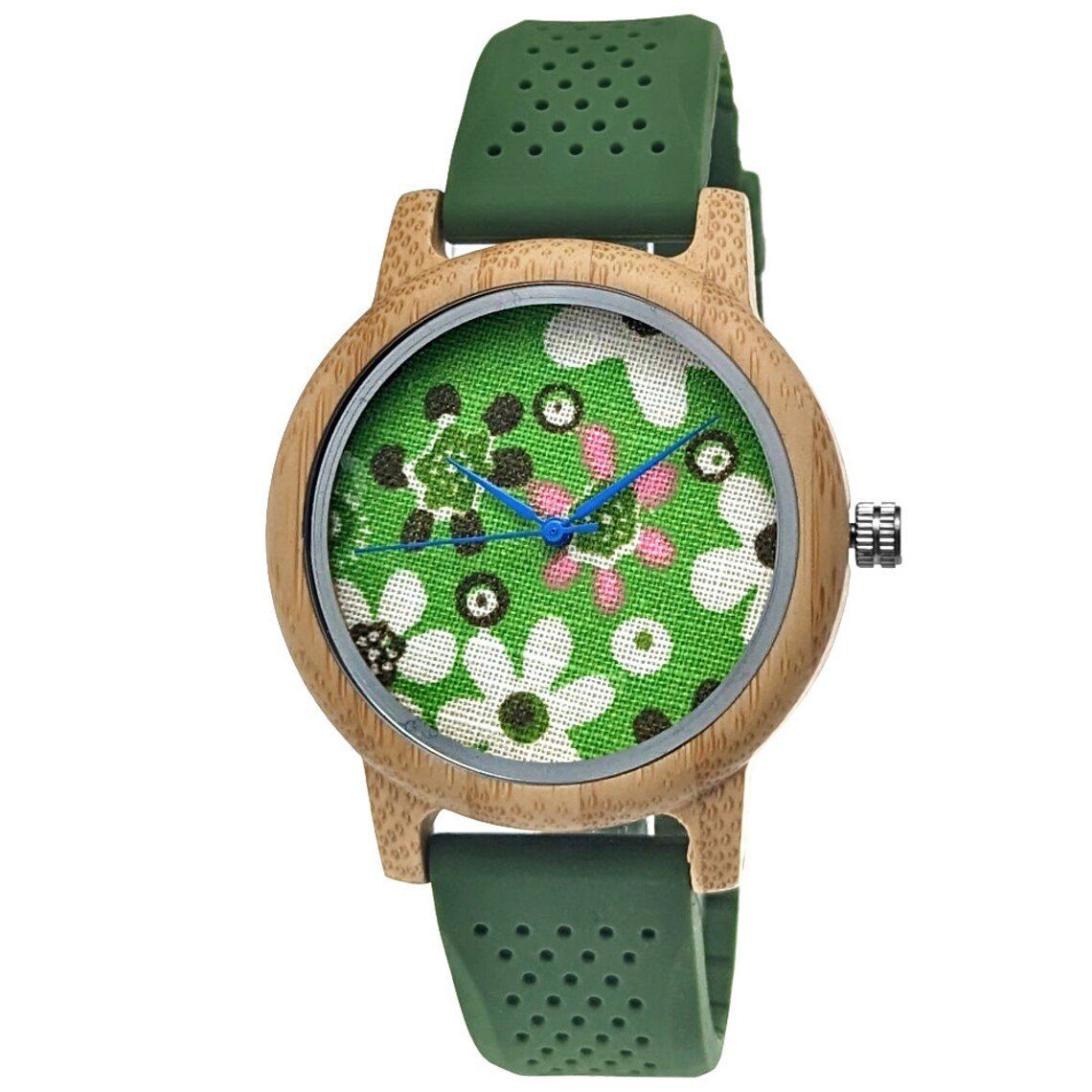 Quarzuhr WIESENTAL Damen Holz Uhr mit Silikon Armband & Blumen Muster, grün