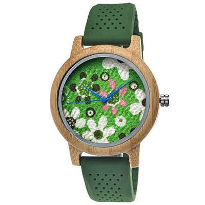 Holzwerk Quarzuhr WIESENTAL Damen Holz Uhr mit Silikon Armband & Blumen Muster, grün