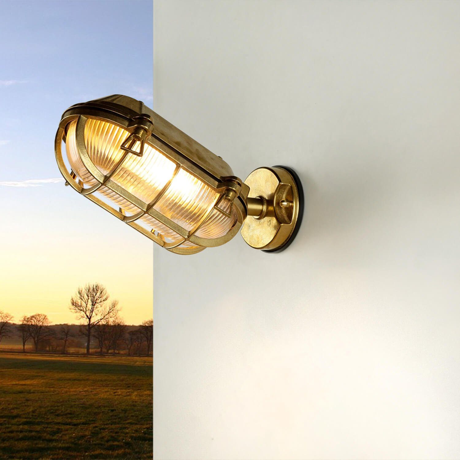 Licht-Erlebnisse Außen-Wandleuchte »SKIATHOS«, Außenwandleuchte Messing  Glas Schiffslampe Haustür Terrasse Lampe