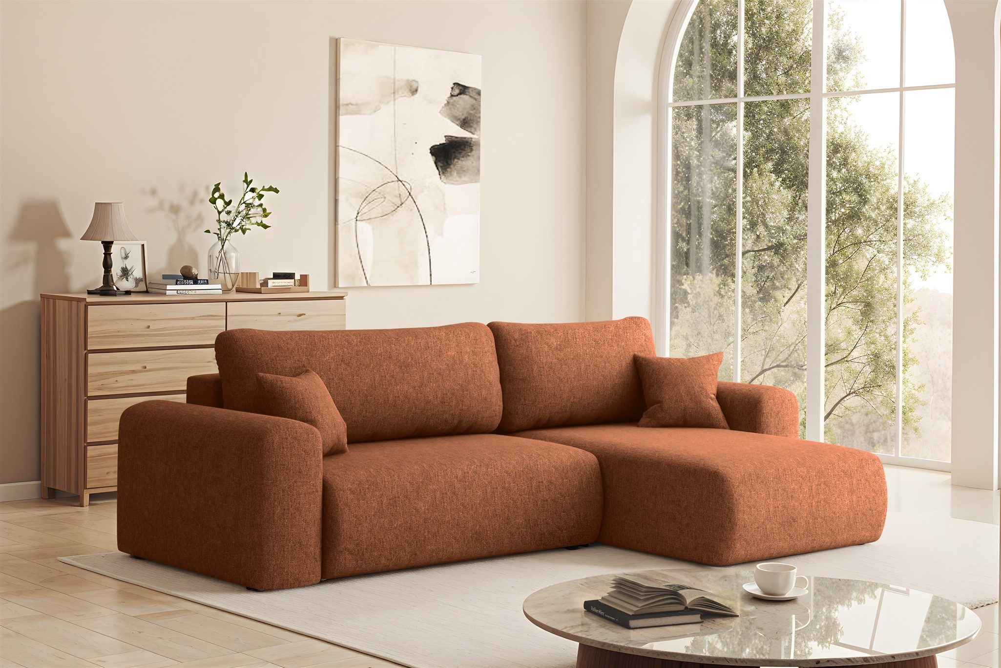 Fun Möbel Ecksofa Ecksofa Schlafsofa FUN TIERNO in Stoff, mit Bettkasten und 2 x Zierkissen, Ottomane Links oder Rechts