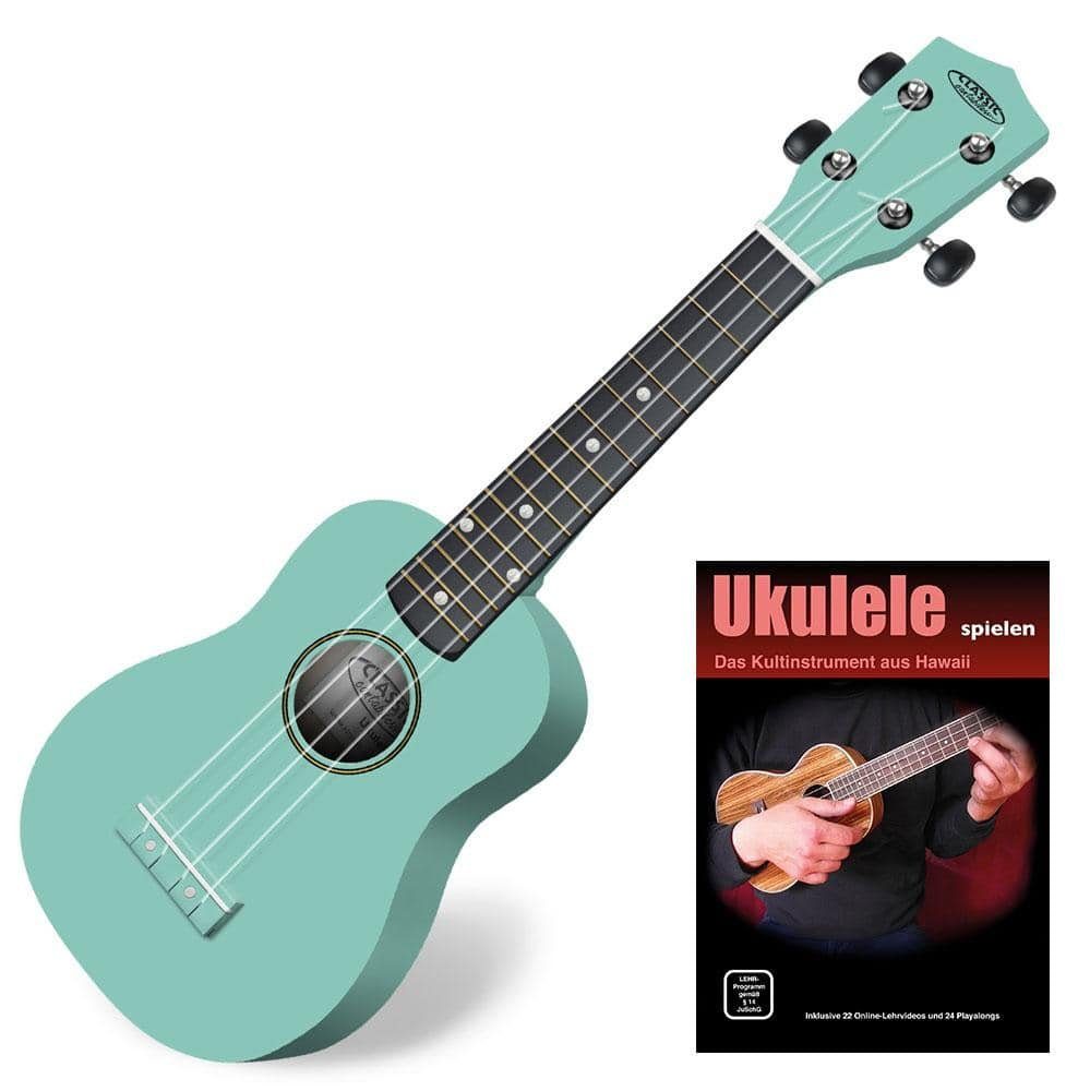 Classic Cantabile Ukulele Sopranukulele (Ukulele, Uke, 15 Bünde, leichtgängige Gitarrenmechanik), Spar-Set inklusive Ukulele-Schule
