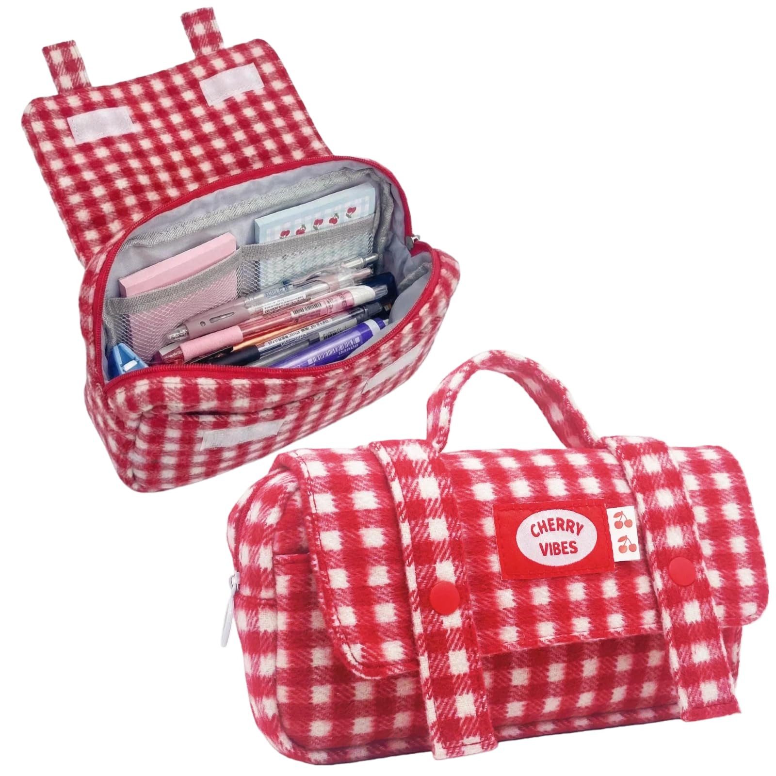 Agger Federmäppchen Kariertes Federmäppchen Rot Weiß, Große Stifttasche mit Griff, Niedlicher Schreibwaren Organizer, Tasche für Schule, Büro und Alltag