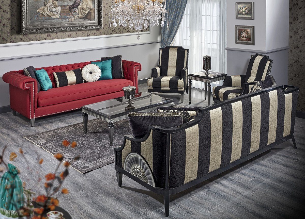 Casa Padrino Couchtisch Luxus Barock Set Rot / Schwarz / Gold / Silber - 2 Sofas & 2 Sessel & 1 Couchtisch & 1 Beistelltisch - Barock Wohnzimmermöbel