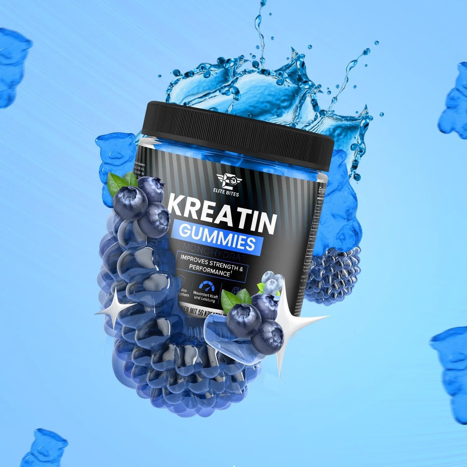 Riyashop Gummibärchenmaschine Elite Bites Kreatin Gummies, Blaubeere Geschmack, 120 Gummibärchen
