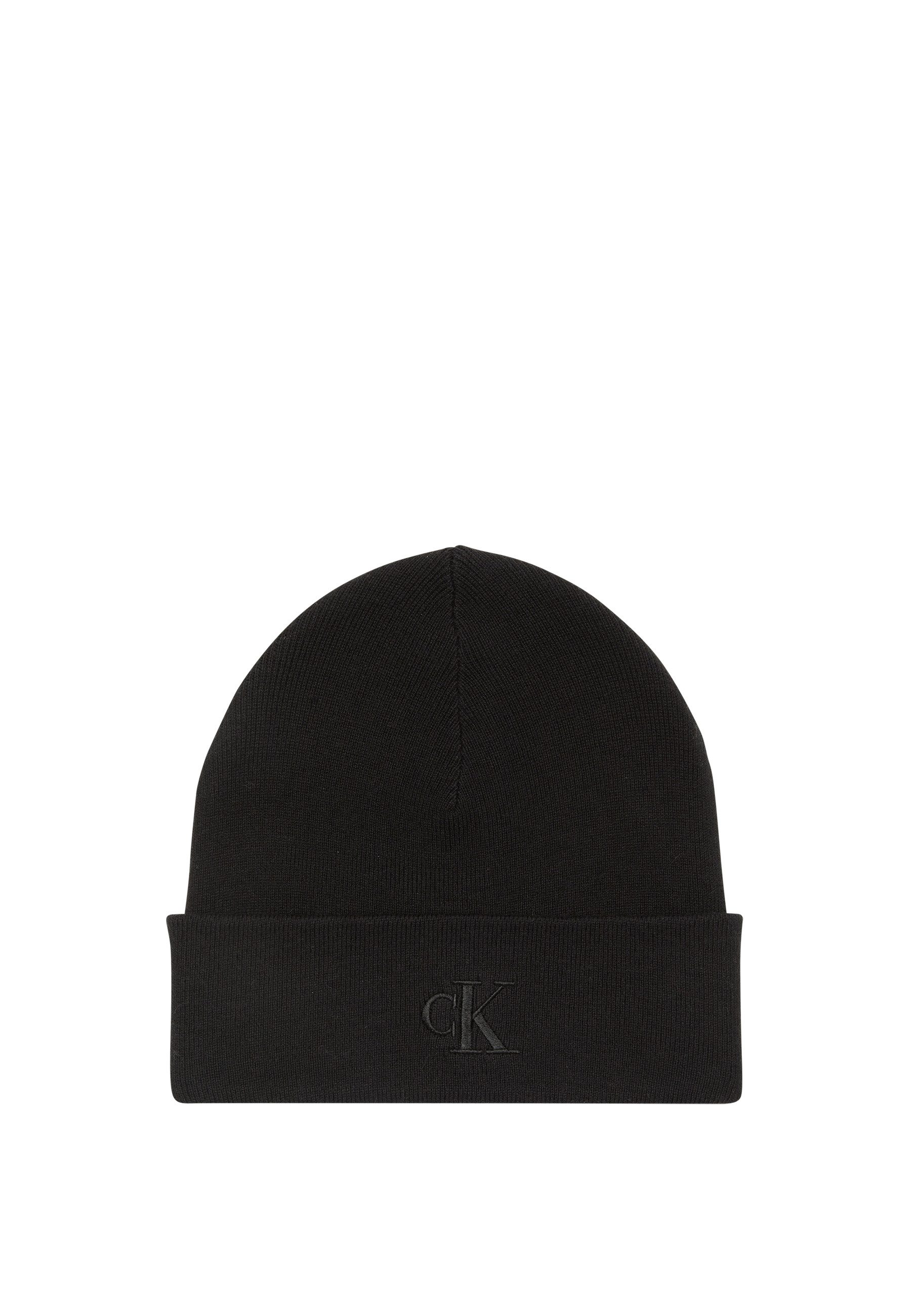 Calvin Klein Strickmütze CK FINE RIB BEANIE mit Markenlogo
