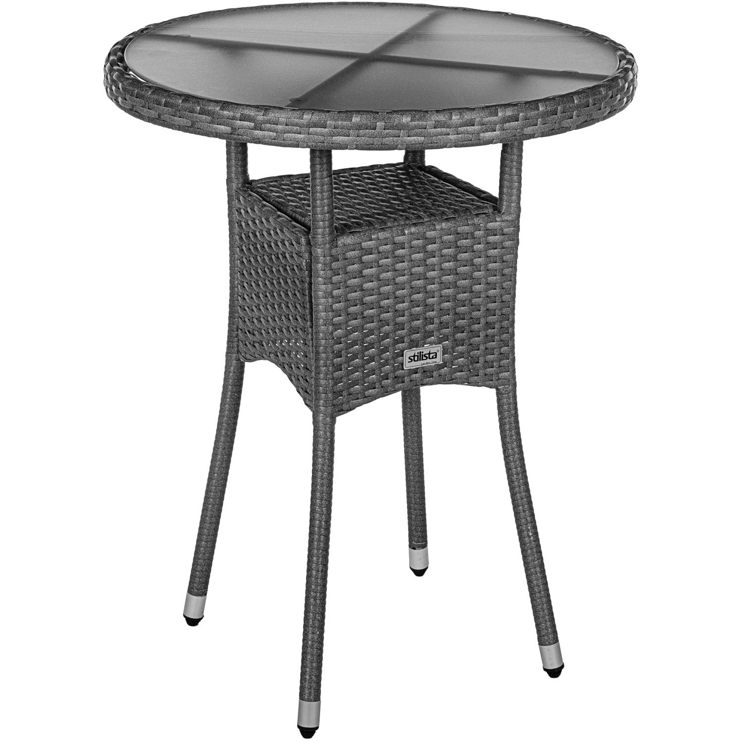 STILISTA Beistelltisch Gartentisch Balkontisch Loungetisch Kaffeetisch, Rund, Glas Tischplatte, Polyrattan, Modell- und Farbwahl Grau