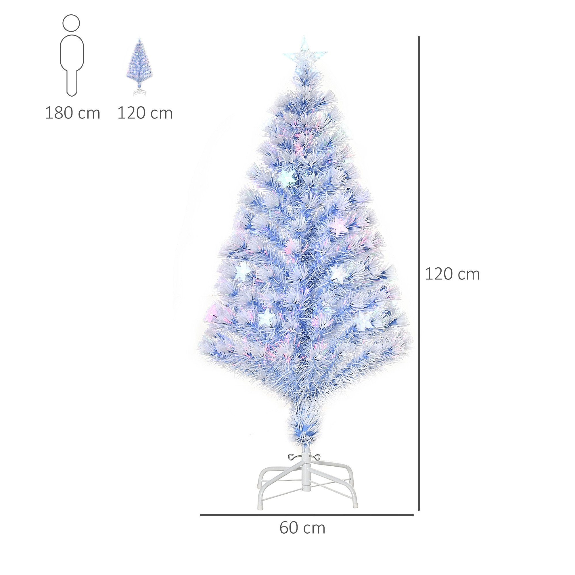 HOMCOM Künstlicher Weihnachtsbaum Christbaum mit 130 Spitzen, mit Schnee, klappbar Metallständer, Tannenbaum, Künstlicher Weihnachtsbaum Tannenbaum mit LED-Leuchten Weiß+Blau