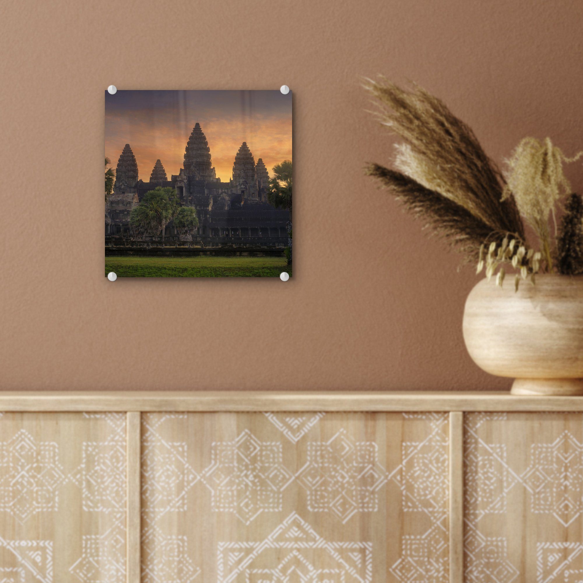 in - Bilder (1 - - St), Glas auf Foto Glas Acrylglasbild Sonnenaufgang Wanddekoration Glasbilder MuchoWow Wandbild Angkor Wat, auf