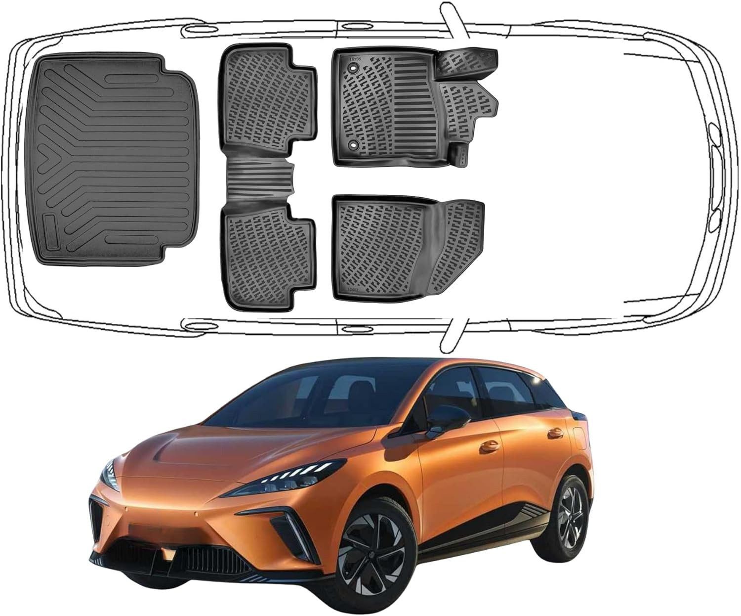 Trimak Passform-Fußmatten Oder Kofferraumwanne Oder Set kompatibel mit MG EV, MG4 Luxury ab 2022 Gummimatten Auto & Untere Kofferraummatte TPE