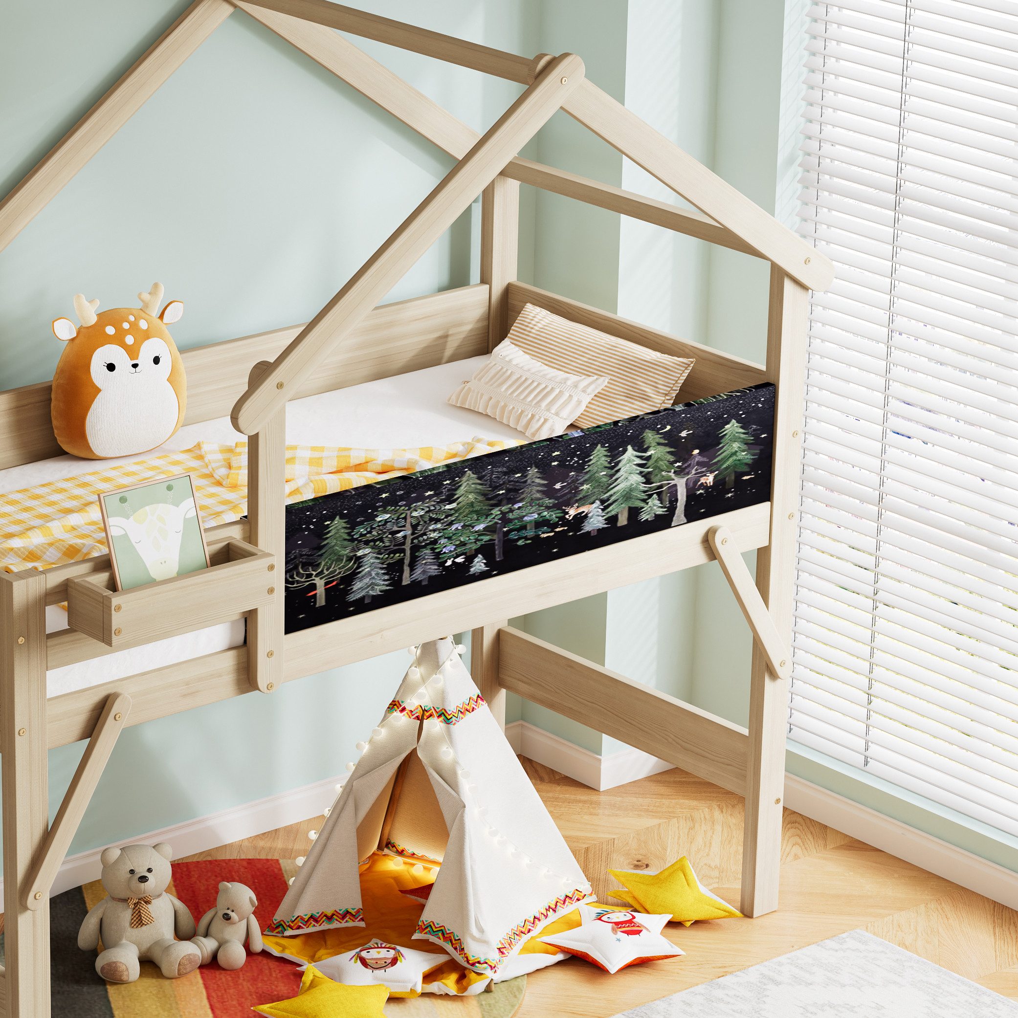 REDOM Etagenbett Einzelbett,Kinderbett,Funktionsbett,Mit 3 Schließfächer (Etagenbett 90x200 cm mit Dachdesign, Graffiti-Tafel und Stauraumtreppe – Kinderbett mit Fallschutz, 3 Aufbewahrungsboxen., 90x200 cm)