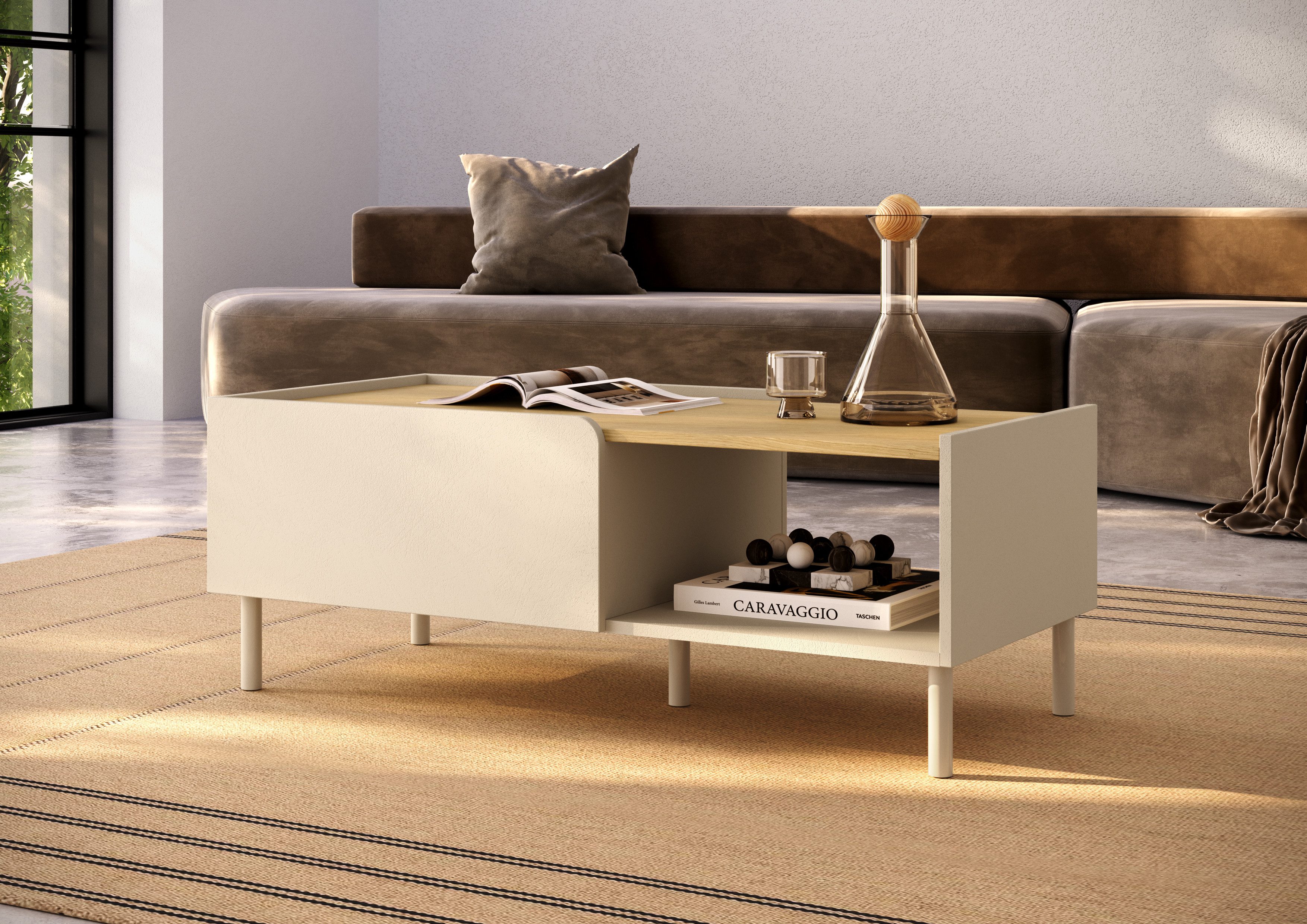 OTTO home Couchtisch Dobbiaco 112x54 cm Korpus-Couchtisch, 2 Klappen, offenes Fach, Rechteckiger Wohnzimmertisch mit flexiblem Stauraum & Metallfüßen