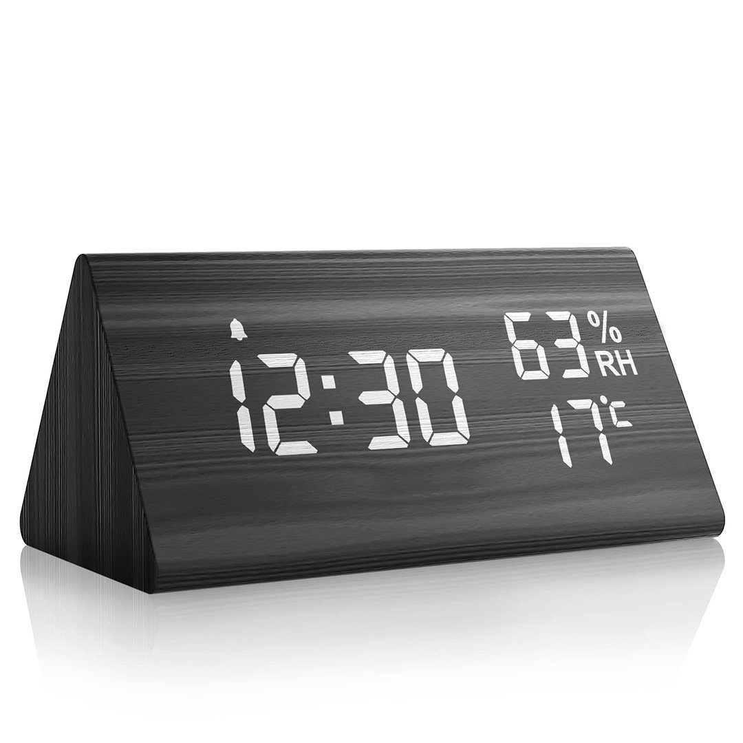 BEARSU Wecker Wecker Digital LED Digitale Uhr Holz,Digitalwecker Tischuhr  mit Sprachsteuerung/Snooze/Datum/Temperatur und Luftfeuchtigkeit, für  Nachttisch, Schlafzimmer, Nacht Kinder und Büro -Schwarz