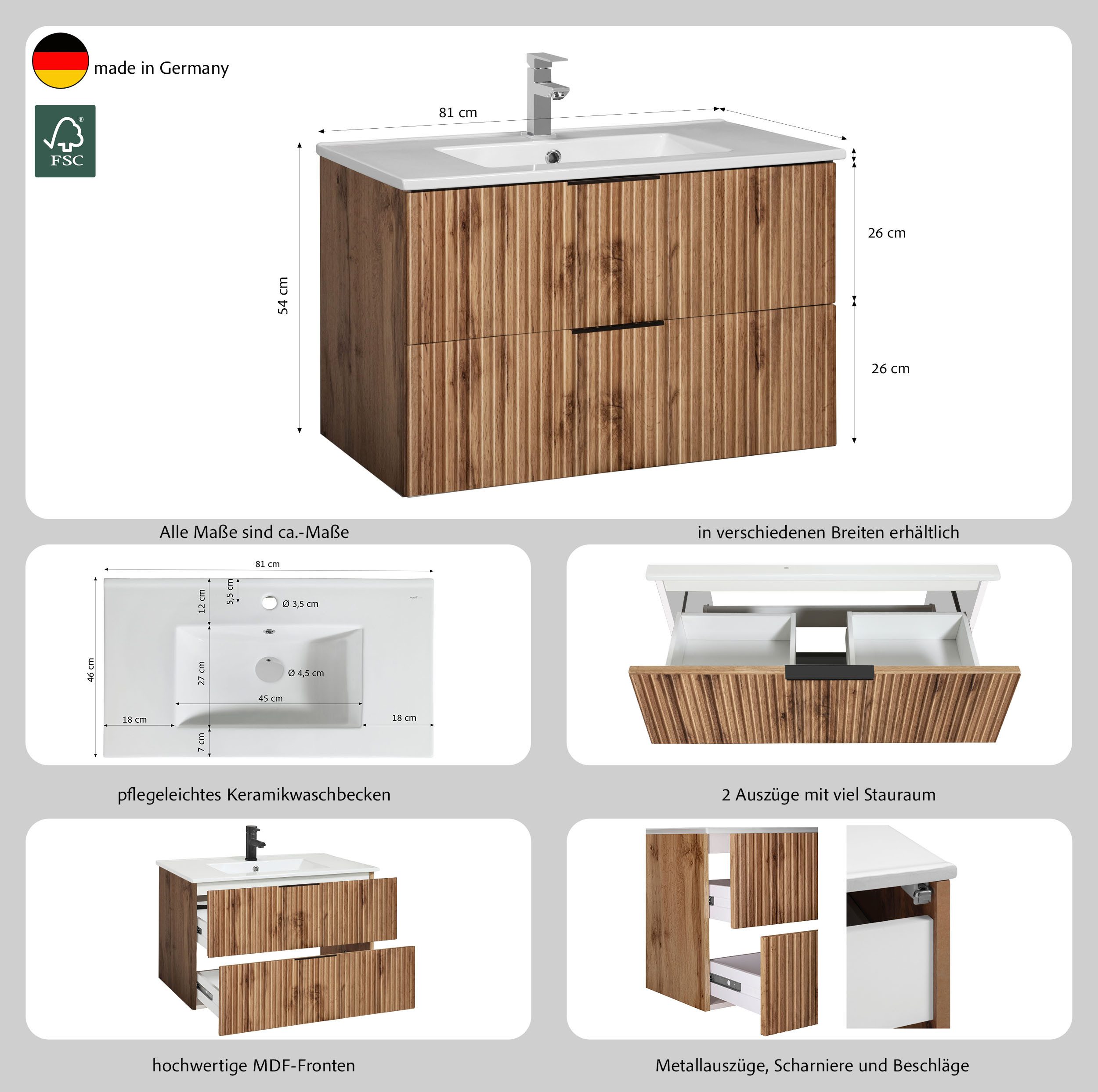 welltime Waschtisch Trento Badezimmerschrank mit Becken, Badmöbel in Breite 80 cm, Waschplatz mit 2 Schubladen, Badschrank