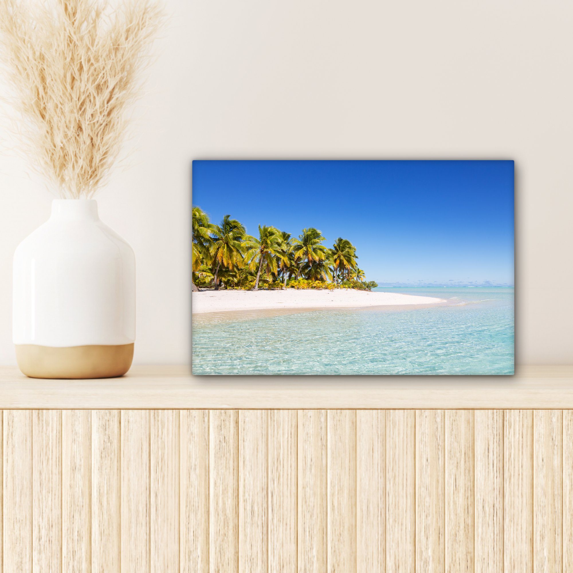OneMillionCanvasses® Leinwandbild Meer Leinwandbilder, Aufhängefertig, Wandbild cm St), - - 30x20 Insel (1 Wanddeko, Palme