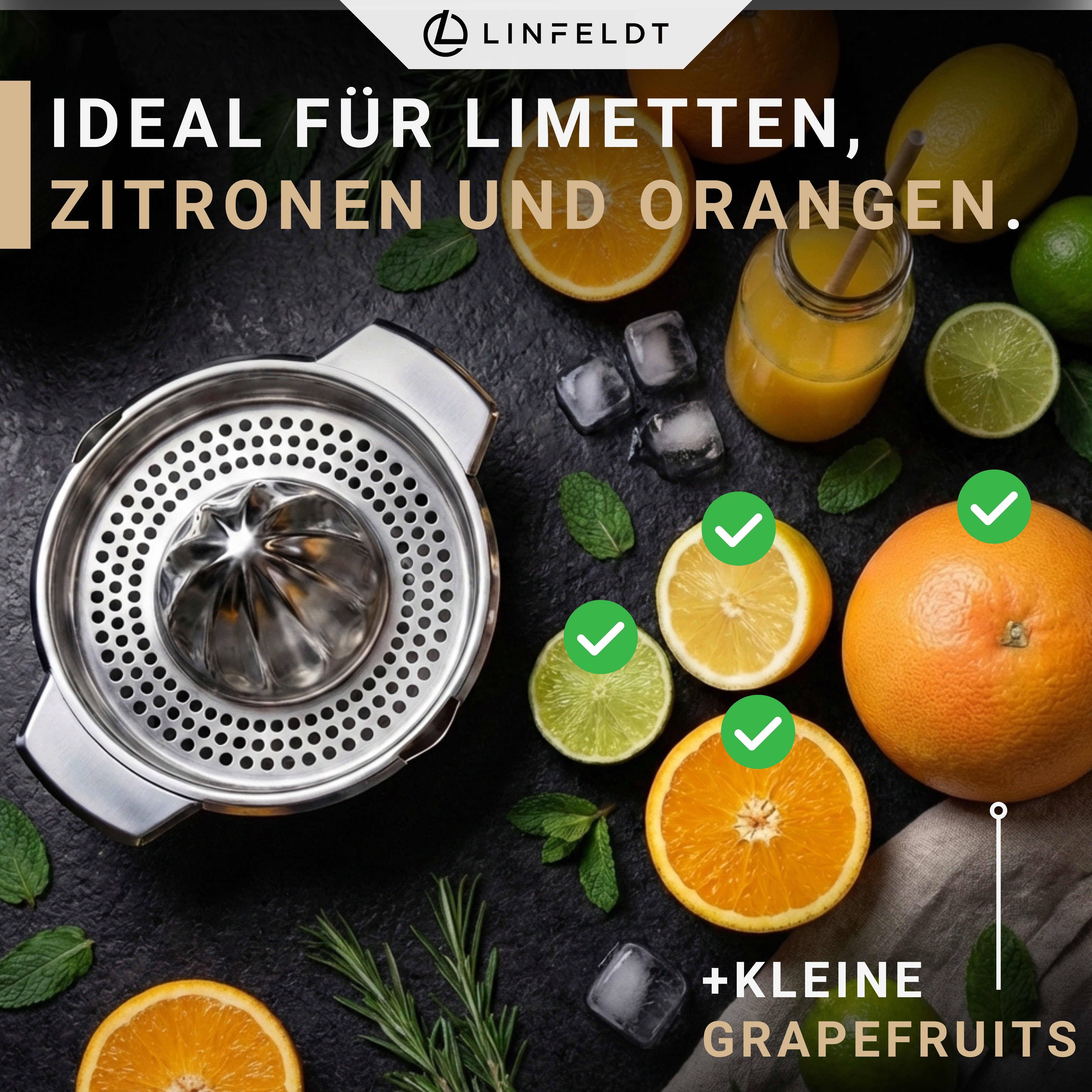 LINFELDT Zitruspresse Zitronenpresse, 450ml Behälter, viel Saft auspressen, rostfreier Edelstahl – Bild 4 von 5
