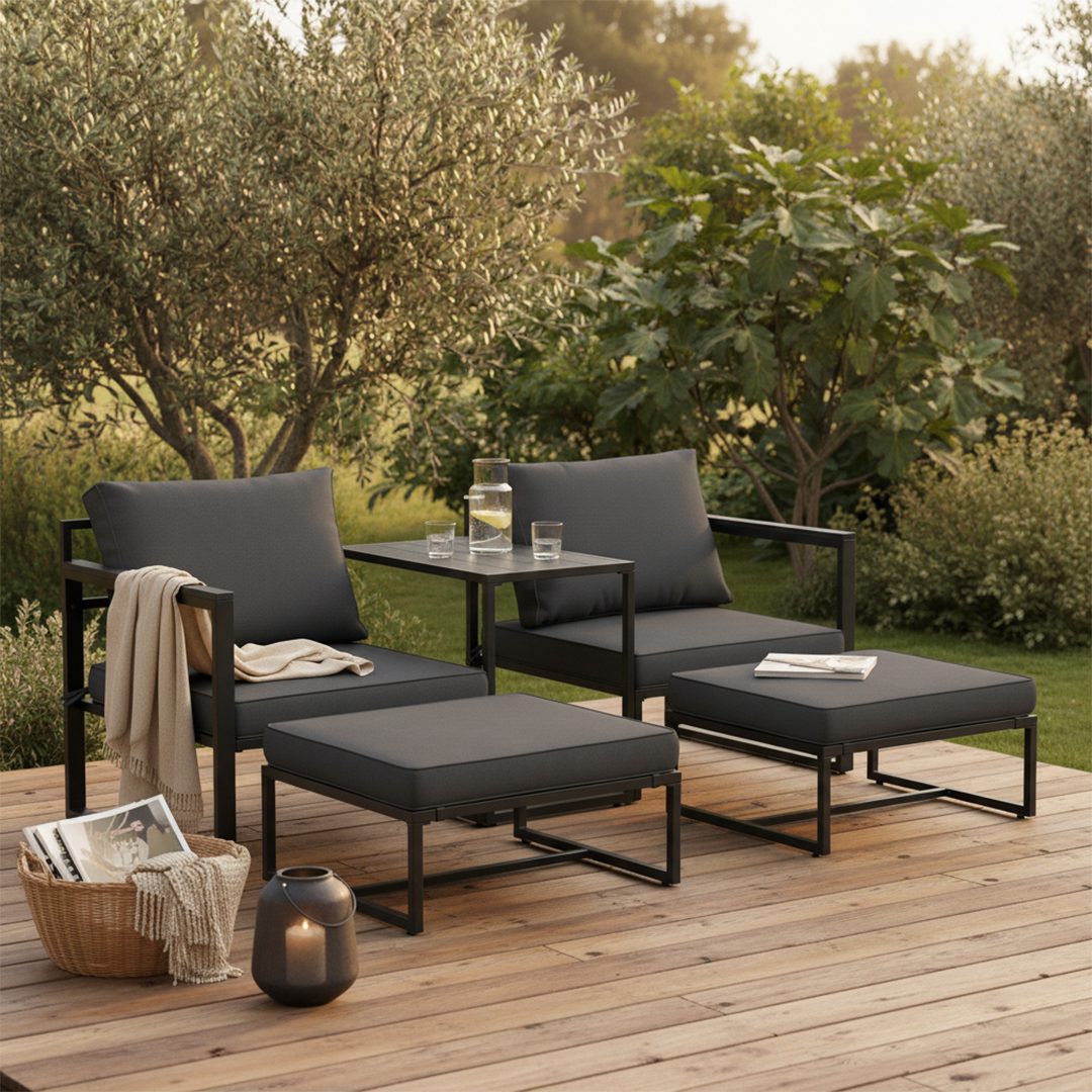 STEELSØN Sitzgruppe Asteri 5-teilig mit Sesseln & Tisch, (schwarz/anthrazit), inkl. Sitzpolster, Gartenmöbel-Set Metallgestell, als 2- oder 4-Sitzer