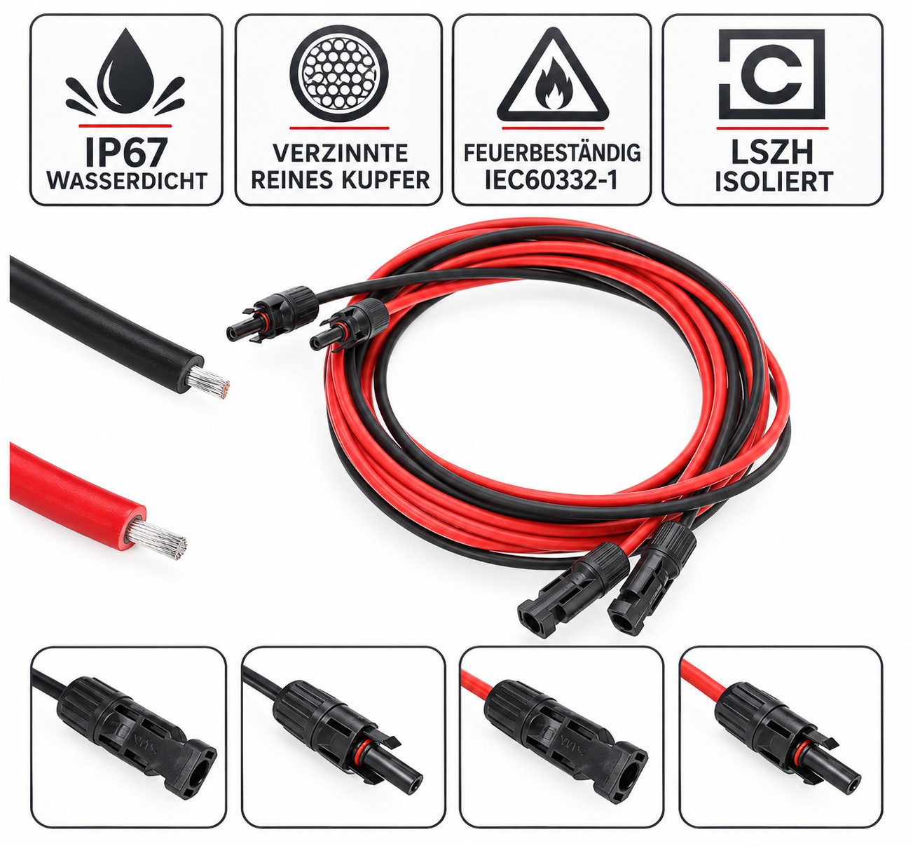 GLIESE Solarmodul Solarkabel 10m Schwarz & Rot – 10 AWG, IP67, für PV & Balkonkraftwerk, (1 x Solarmodul-Verlängerungskabel (10 m), 6 mm² PV-Kabel 10m – IP67, f – Bild 5 von 5