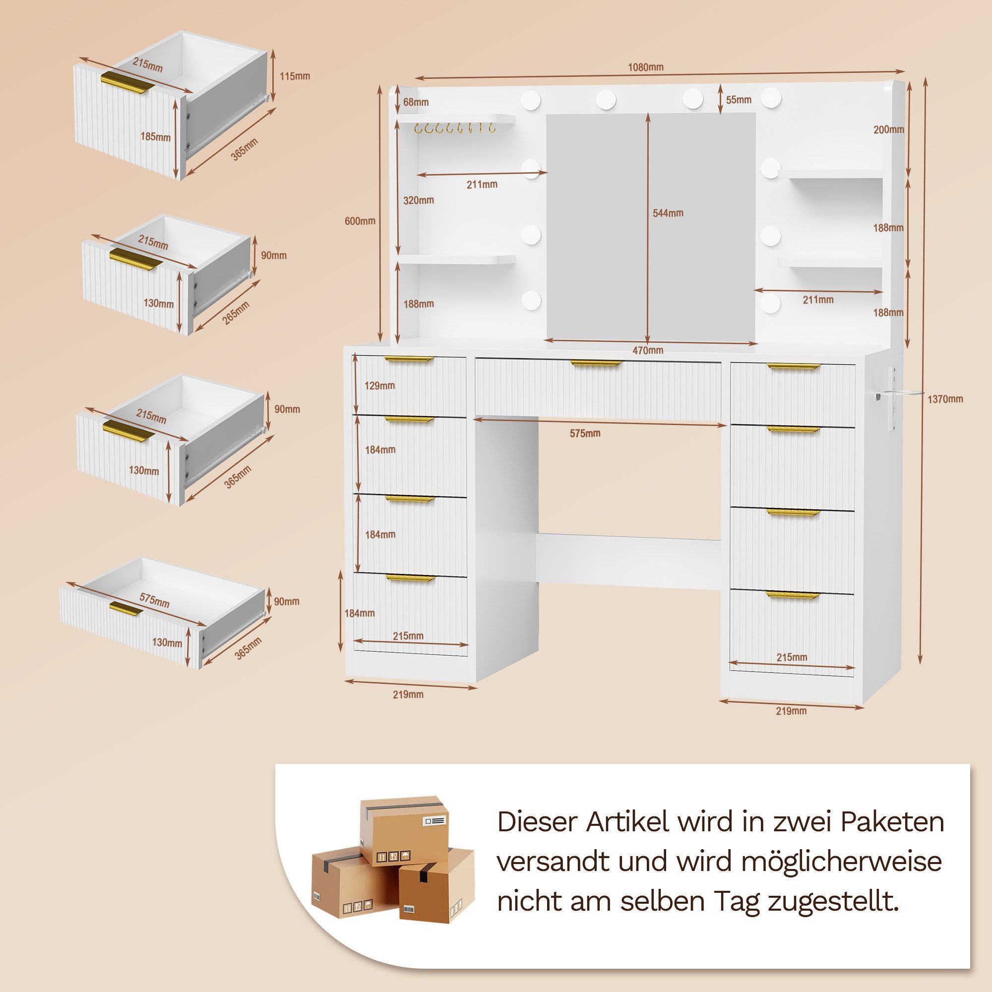 HOMALL Schminktisch LED-Beleuchtung, optional als Set mit Hocker erhältlich (Maße: 108 × 40 × 137 cm, 6 offene Ablagefächer, mit Schmuckhaken, 9 Schubladen, aus – Bild 2 von 5