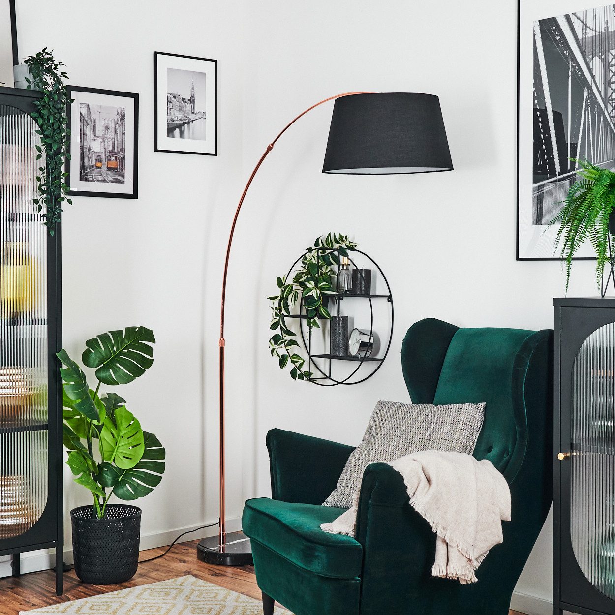 hofstein Bogenlampe Stehlampe mit Marmorfuß aus Metall/Stoff in Schwarz/Kupferfarben/Weiß, verstellbare Stehleuchte im modernen Design mit Fußschalter, E27