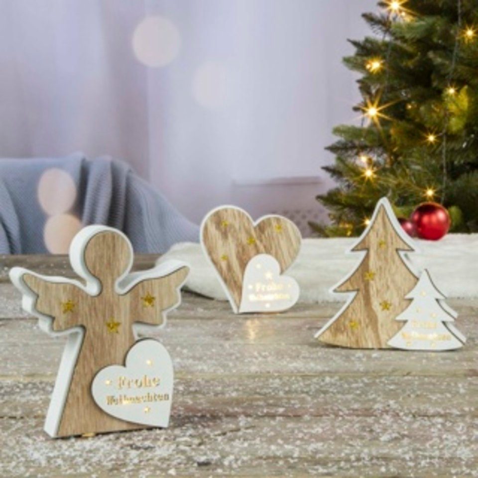HI Dekofigur Holzdeko mit LED sortiert Tanne, Herz und Engel (1 St)