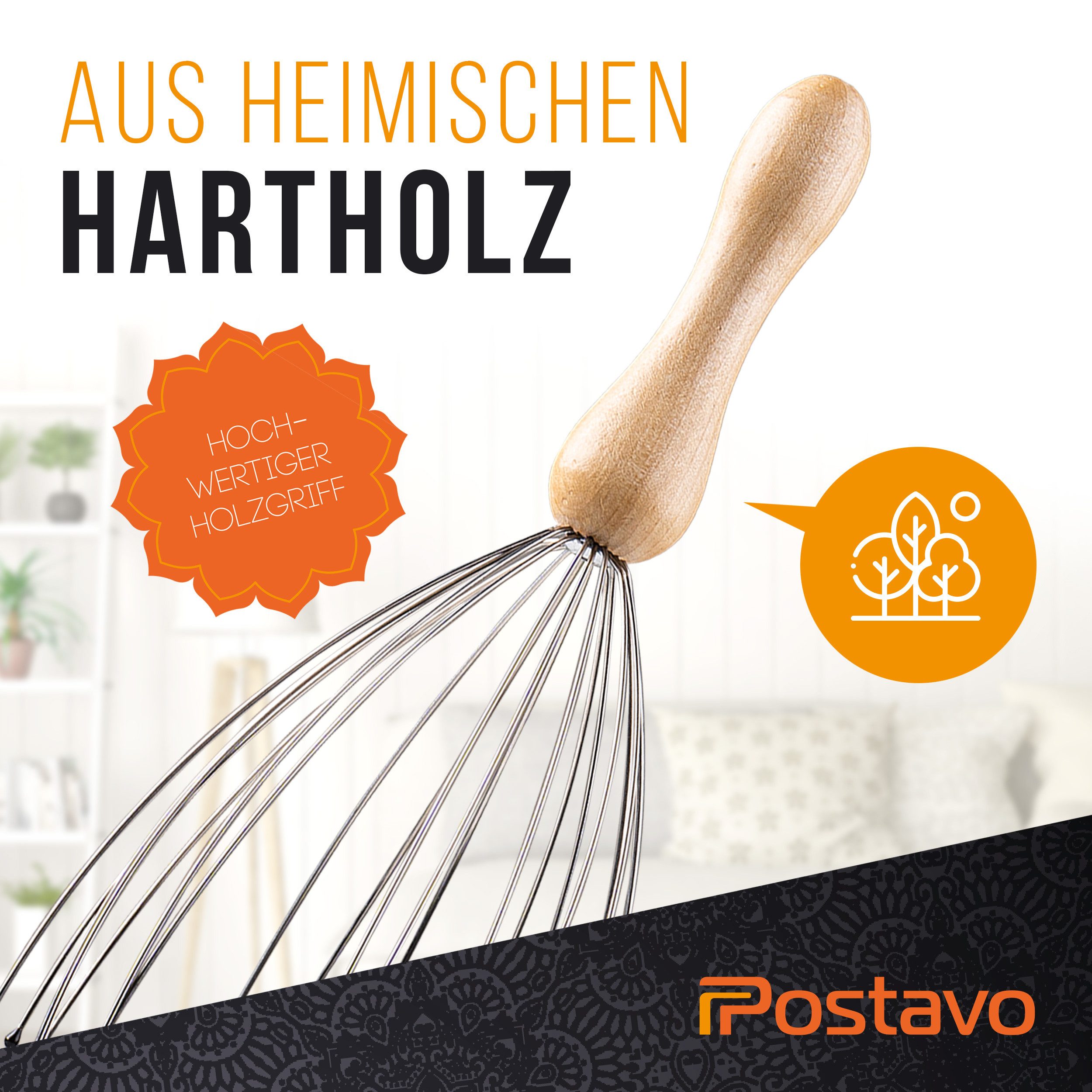 Postavo Massagegerät Kopf Spinne - Kopfmassagegerät mit 20 Fingern & Holz- & Edelstahlgriff, durchblutungsfördernd, ergonomisch, 2 Massageebenen – Bild 5 von 5