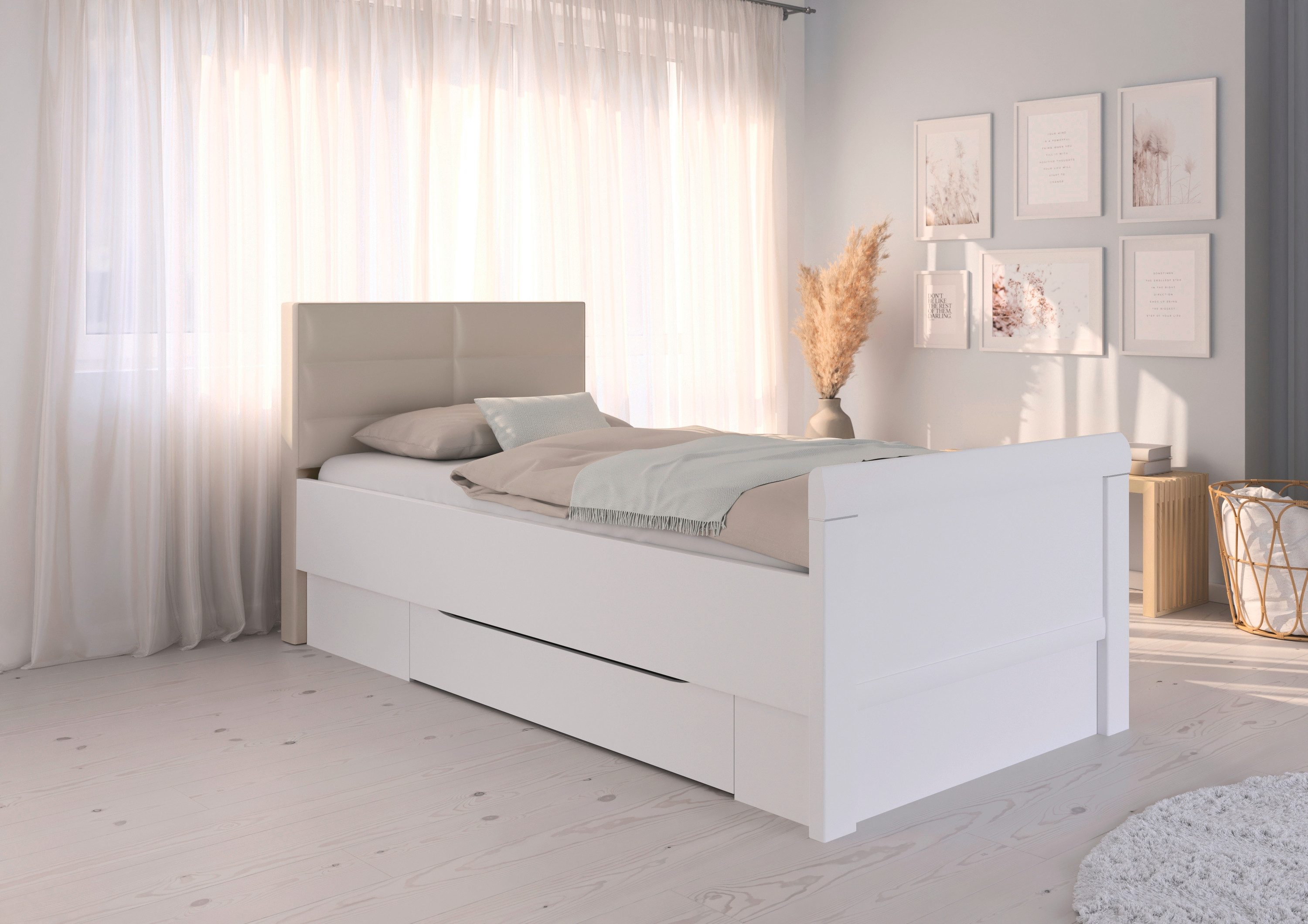 rauch Stauraumbett Bett Einzelbett Stollenbett Bettkästen EVELYN, in Komforthöhe mit Polsterkopfteil sowie Schubladen MADE IN GERMANY